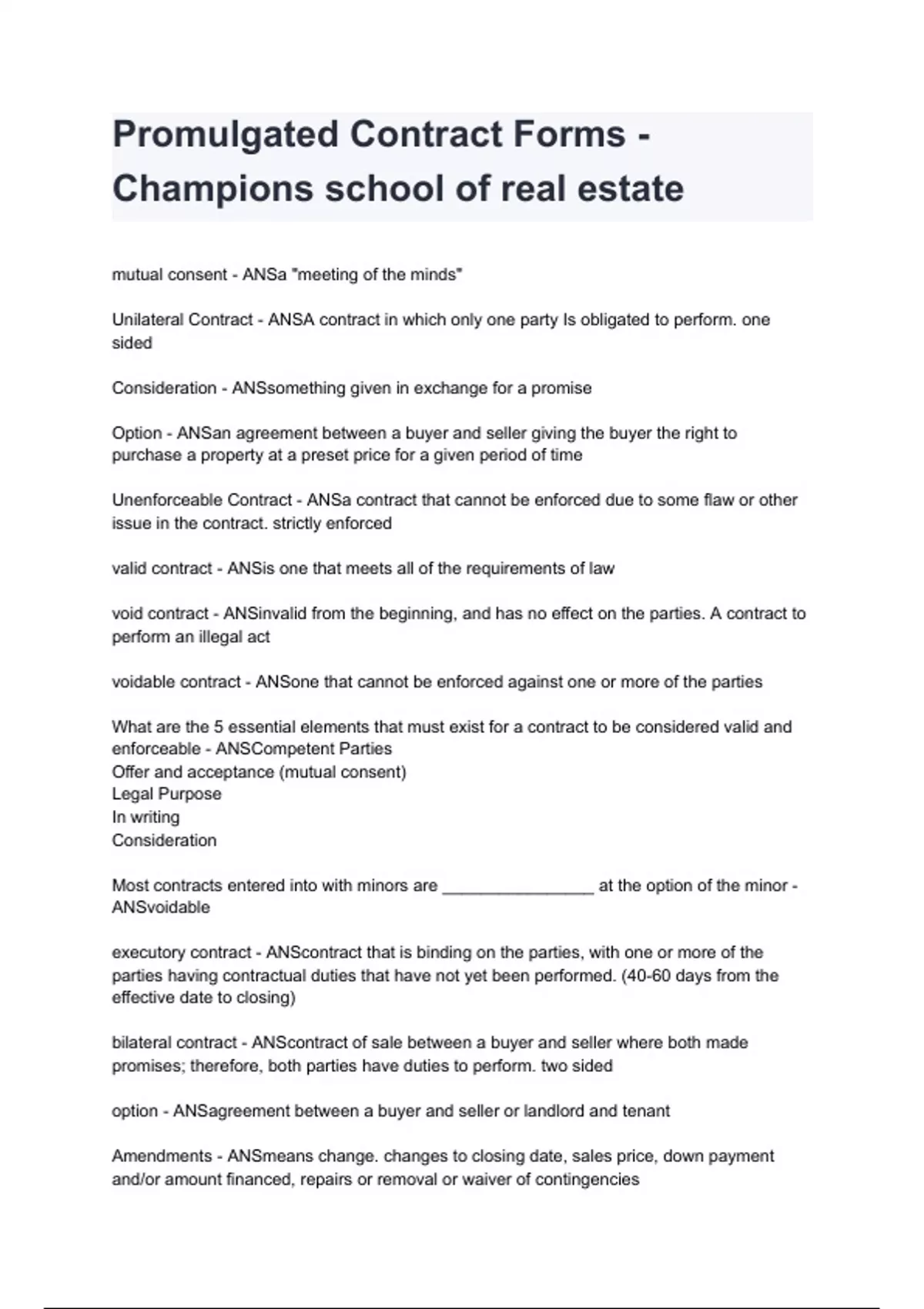 Promulgated Contract Forms Champions school of real estate questions