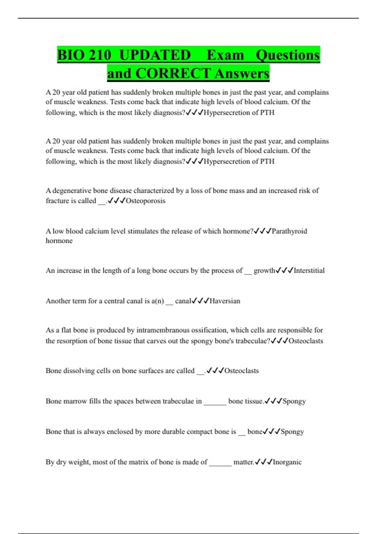 BIO 210 UPDATED Exam Questions and CORRECT Answers - BIO 210 - Stuvia US