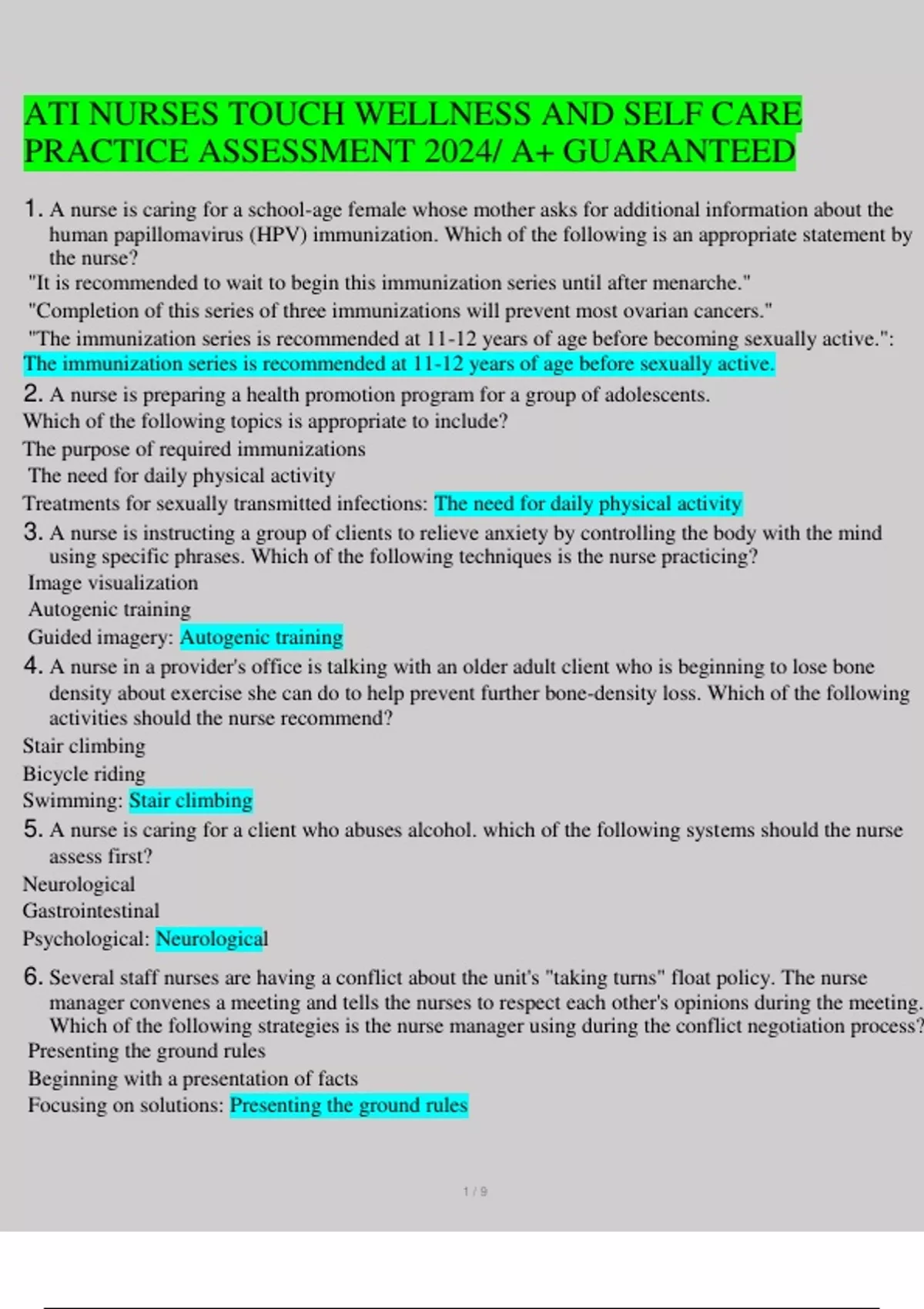 ATI NURSES TOUCH WELLNESS AND SELF CARE PRACTICE ASSESSMENT 2024 A+ ...