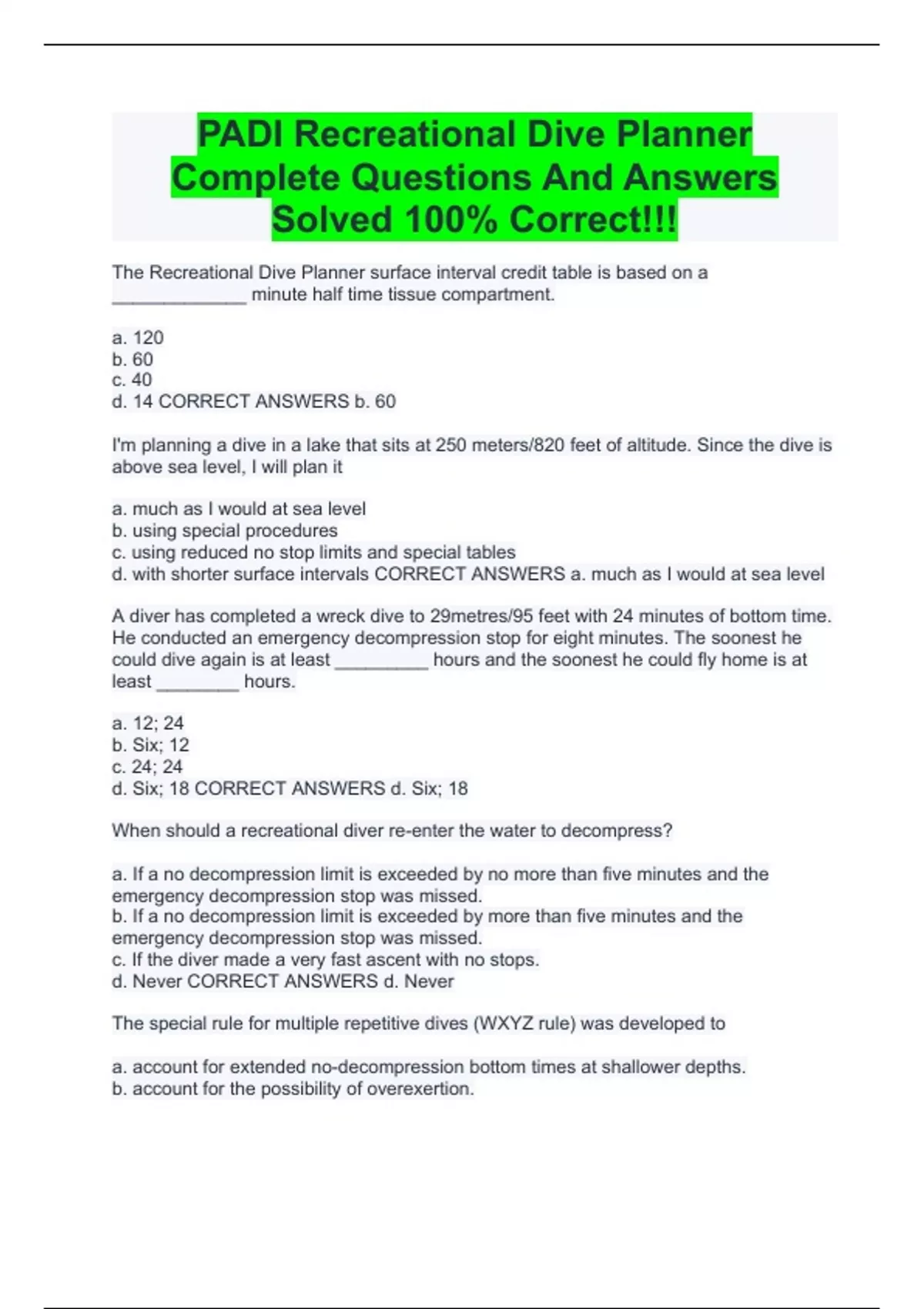 PADI Recreational Dive Planner Complete Questions And Answers Solved