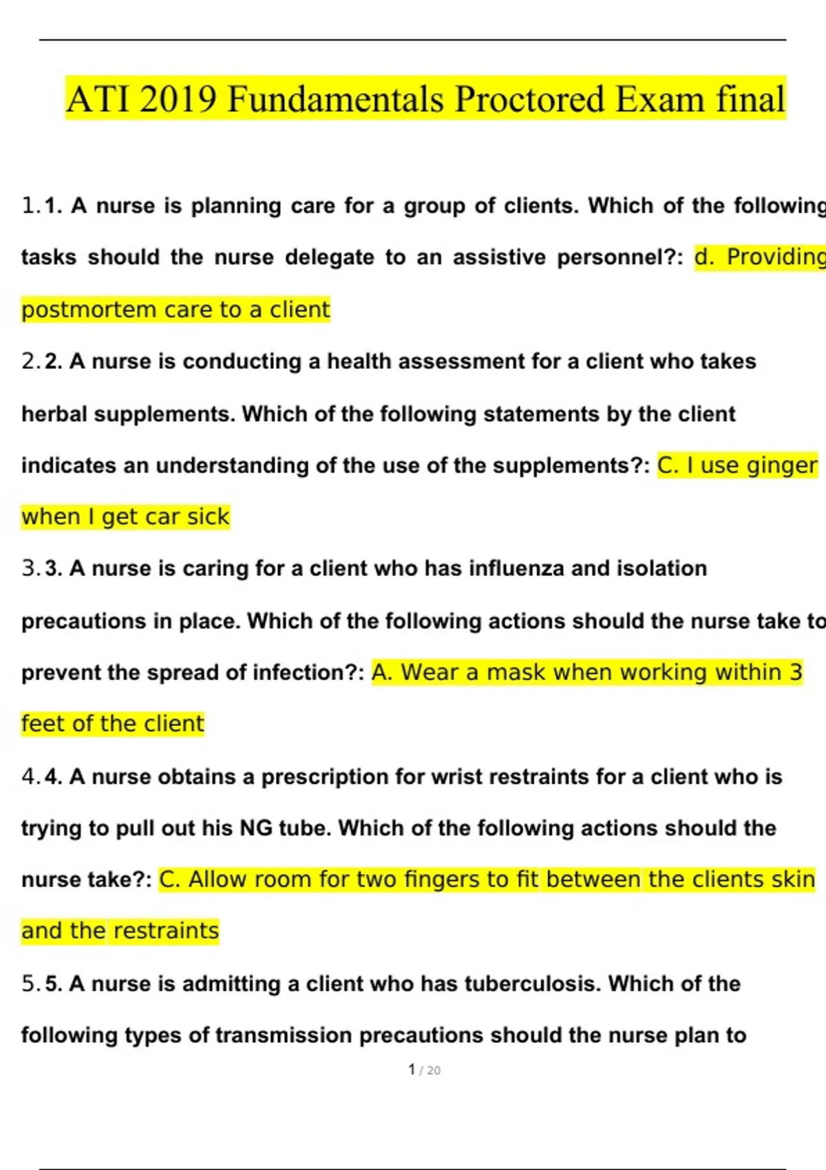 ATI Fundamentals Proctored Exam final Questions and Answers (2024 / ...