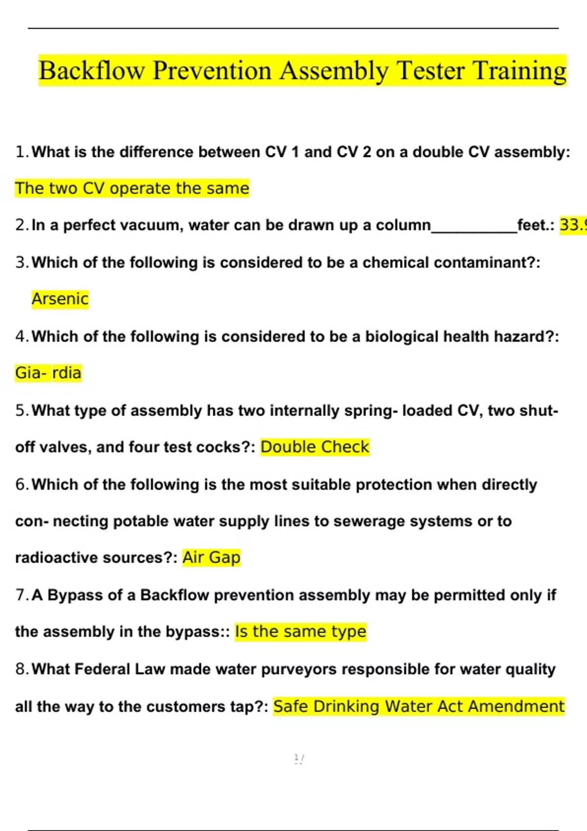 Backflow Prevention Assembly Tester Training Questions and Answers ...