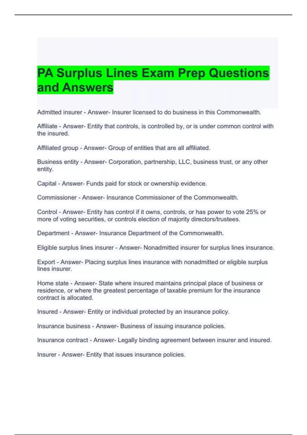 PA Surplus Lines Exam Prep Questions and Answers WA Surplus Lines
