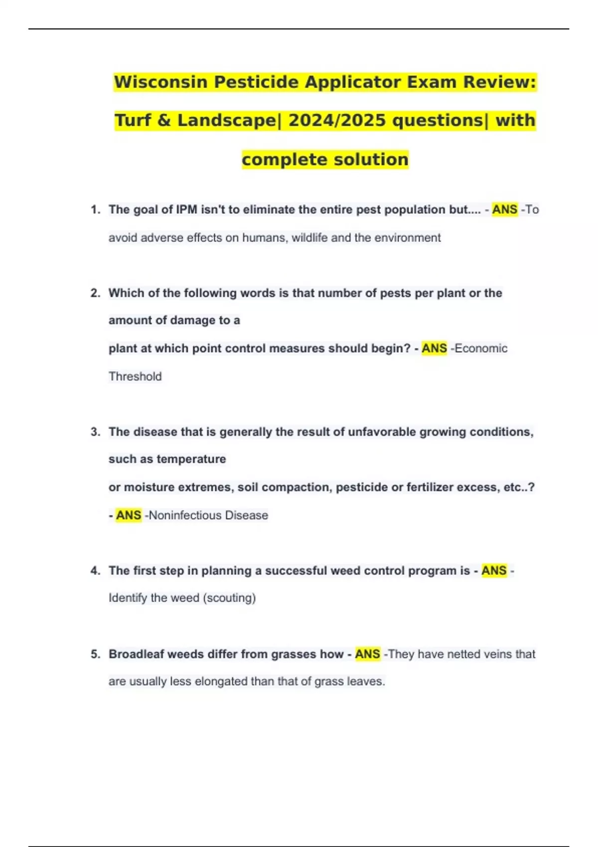 Wisconsin Pesticide Applicator Exam Review Turf & Landscape 2024/2025