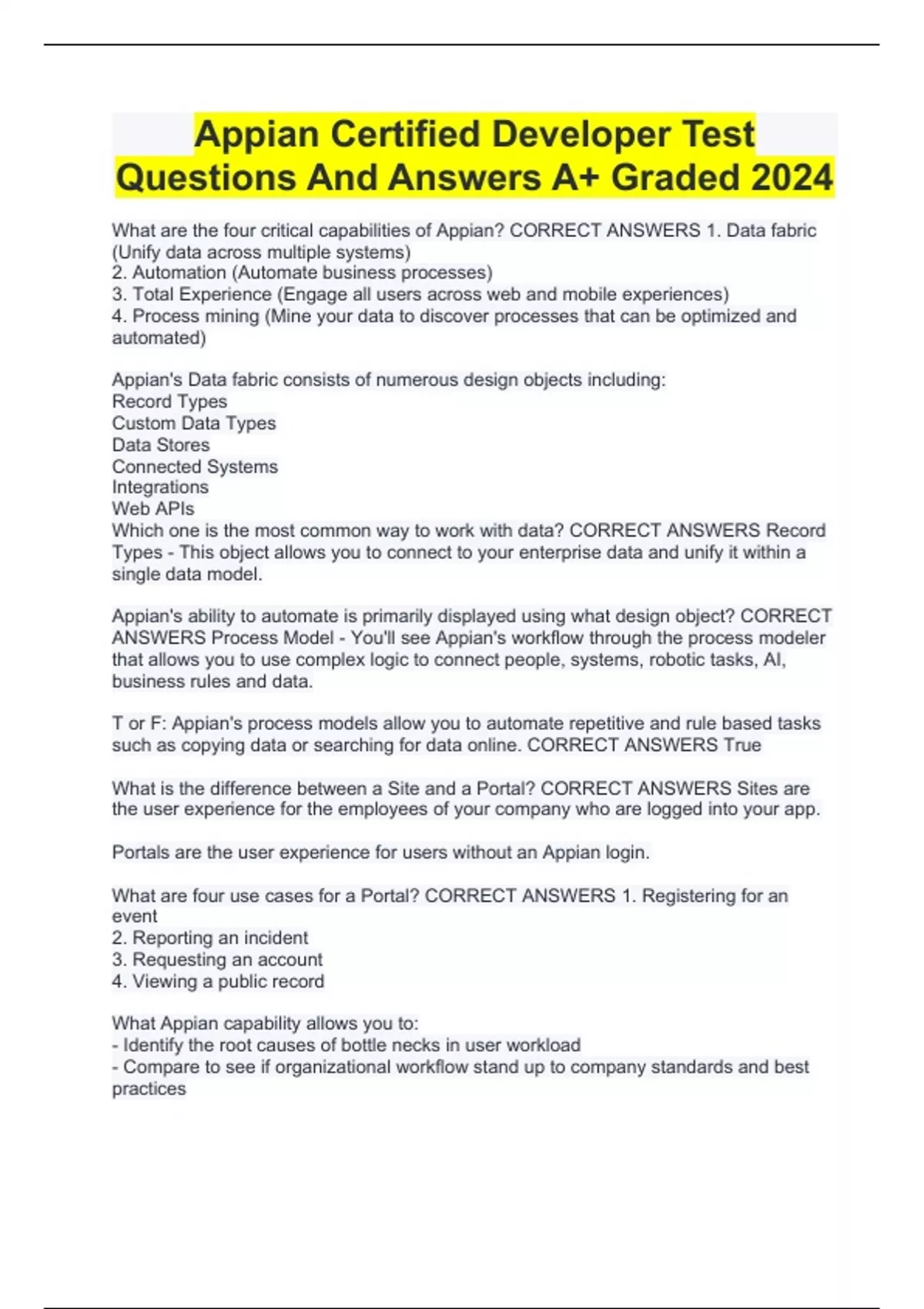 Appian Certified Developer Test Questions And Answers A+ Graded 2024 Appian Senior Developer