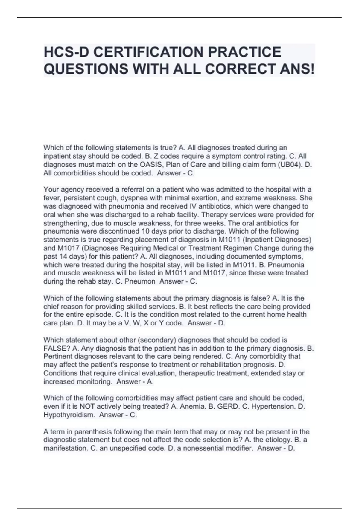 HCS D CERTIFICATION PRACTICE QUESTIONS WITH ALL CORRECT ANS HCS D