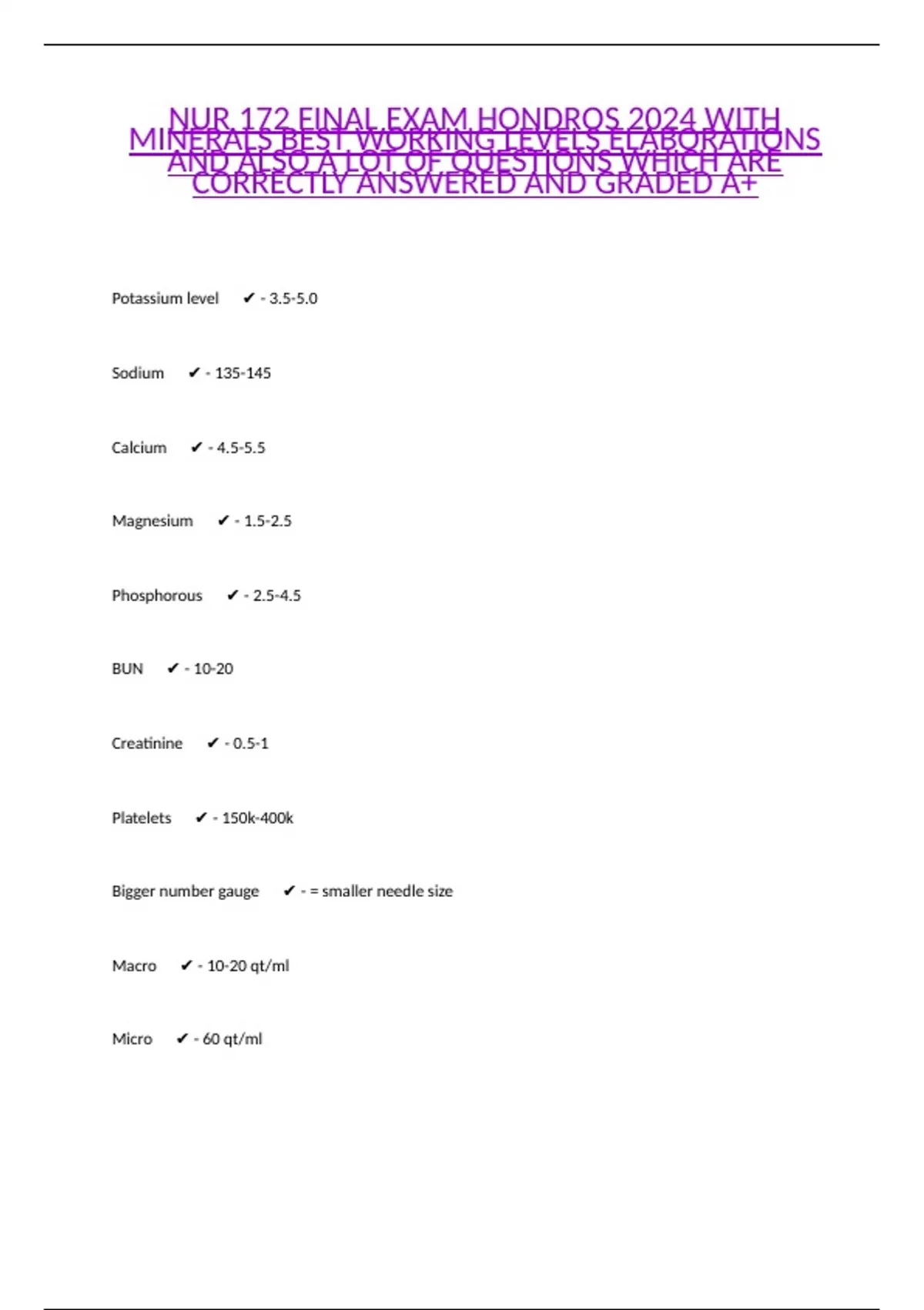 NUR 172 FINAL EXAM HONDROS 2024 WITH MINERALS BEST WORKING LEVELS ...