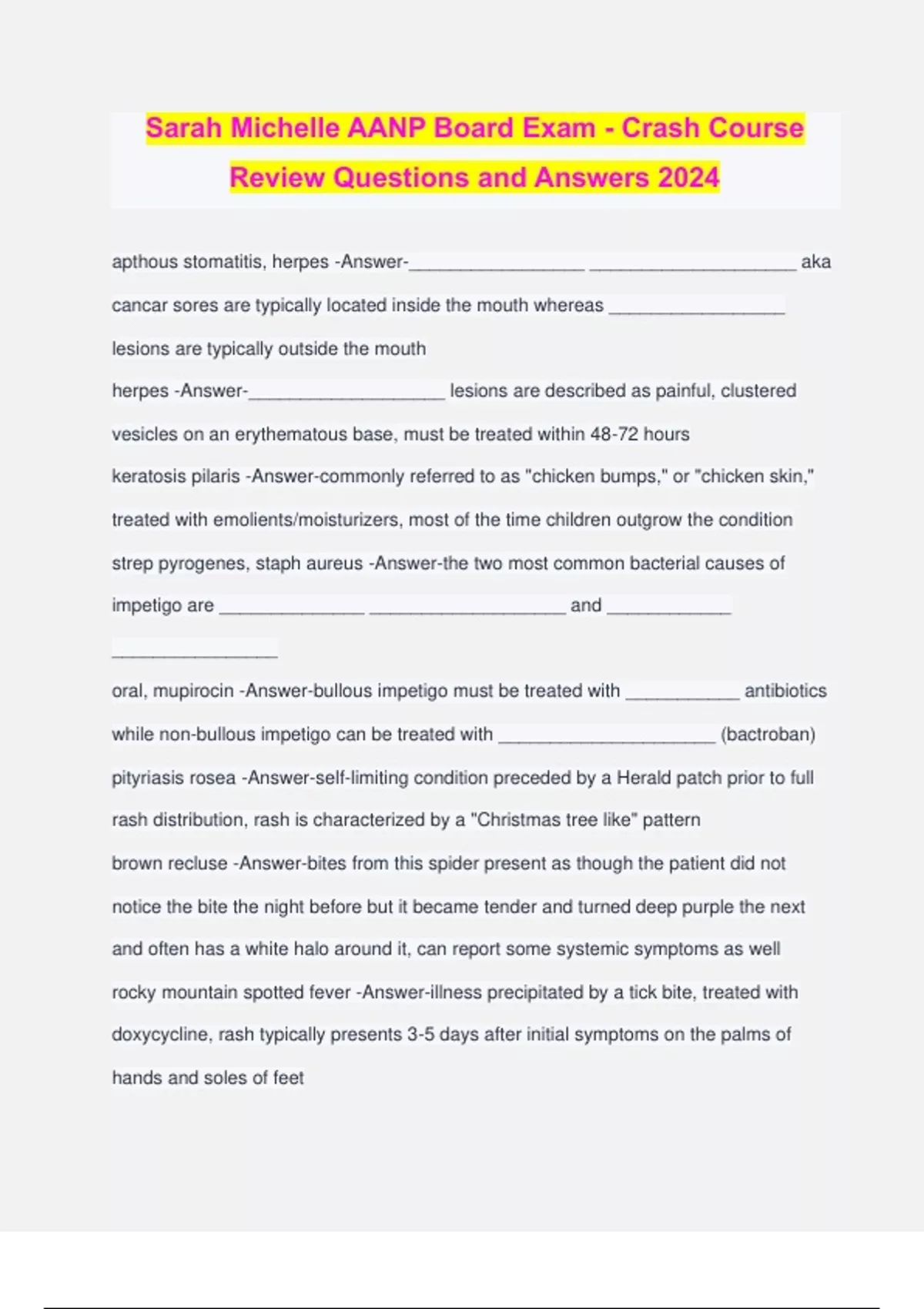 Sarah Michelle AANP Board Exam Crash Course Review Questions and