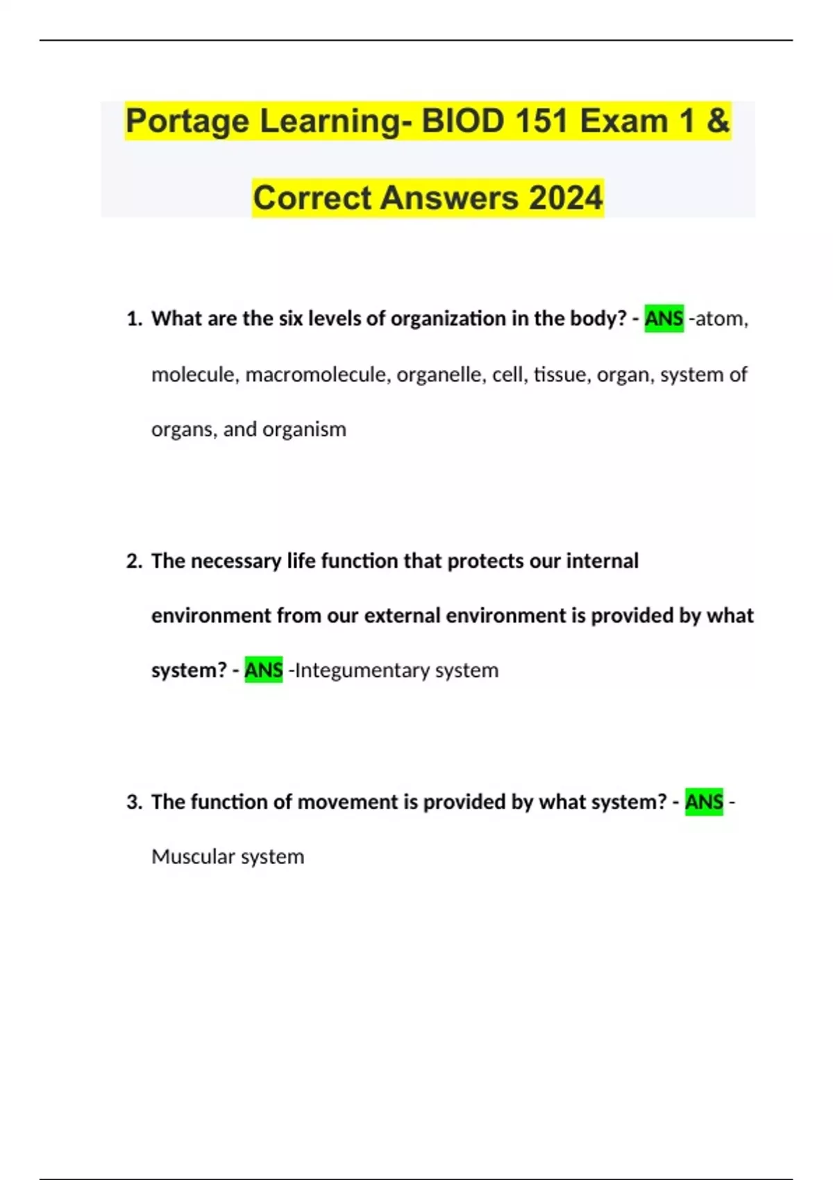 Portage Learning BIOD 152 Exam 6 With Verified Answers 2024 - Portage ...