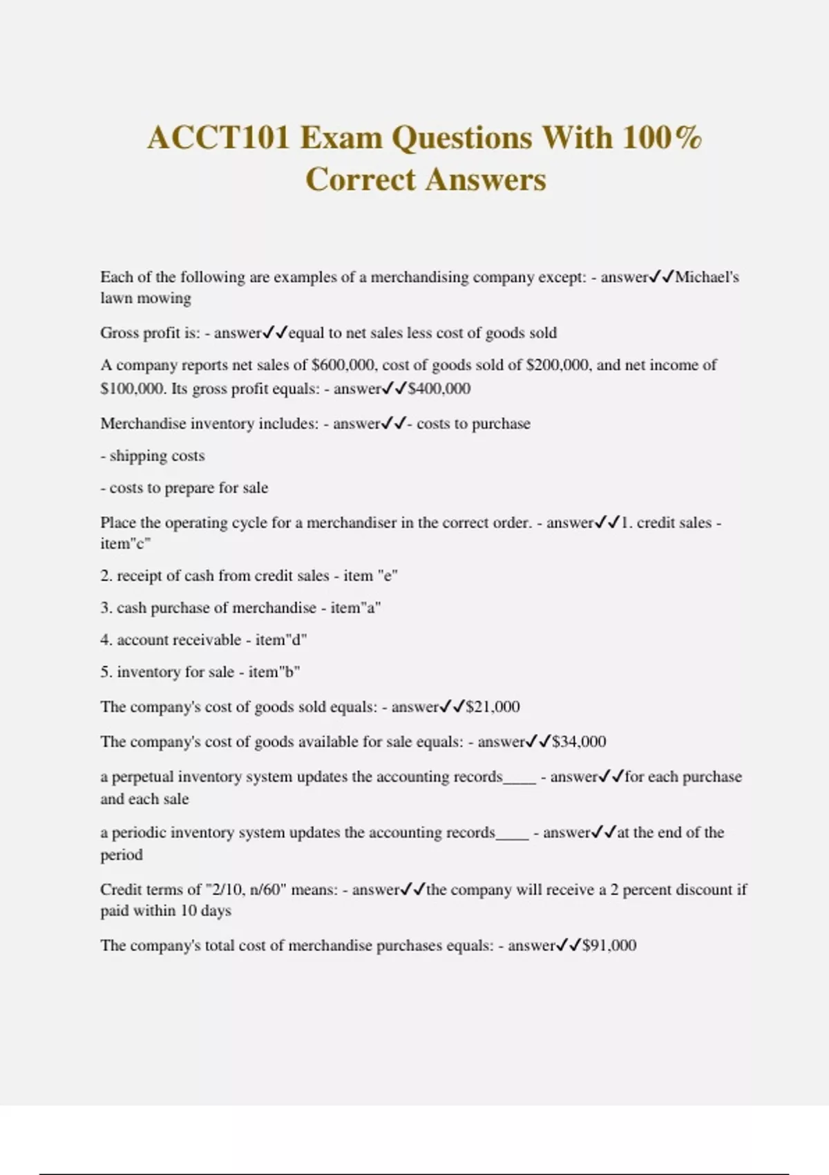 ACCT101 Exam Questions With 100% Correct Answers - ACCT101 - Stuvia US