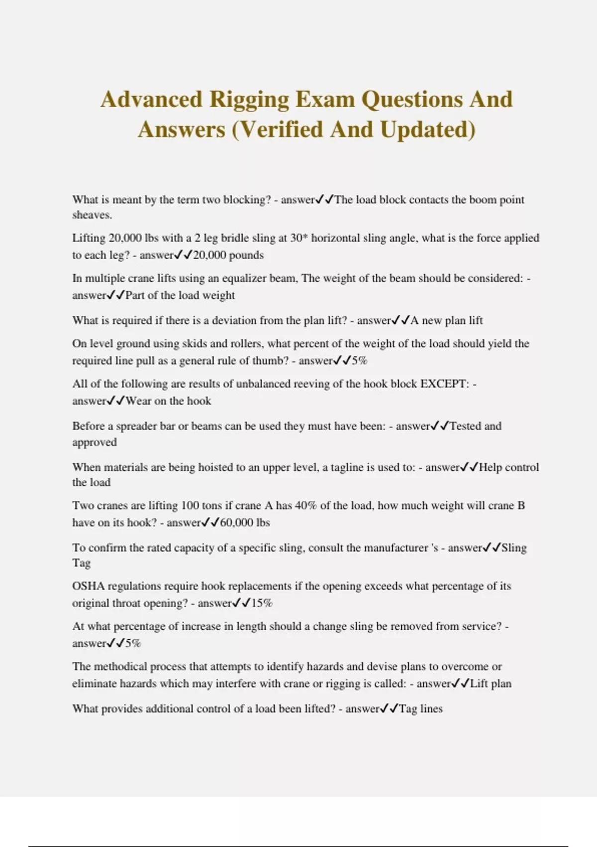 Advanced Rigging/Rigger Exam Bundle With Complete Solutions Stuvia US