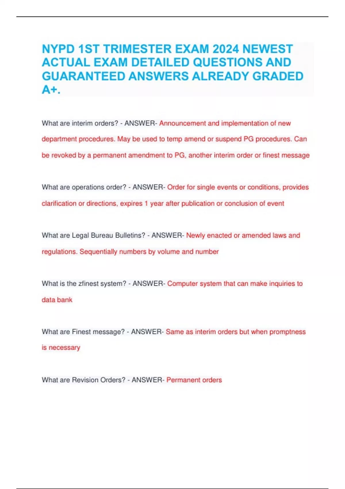 NYPD 1ST TRIMESTER EXAM 2024 NEWEST ACTUAL EXAM DETAILED QUESTIONS AND