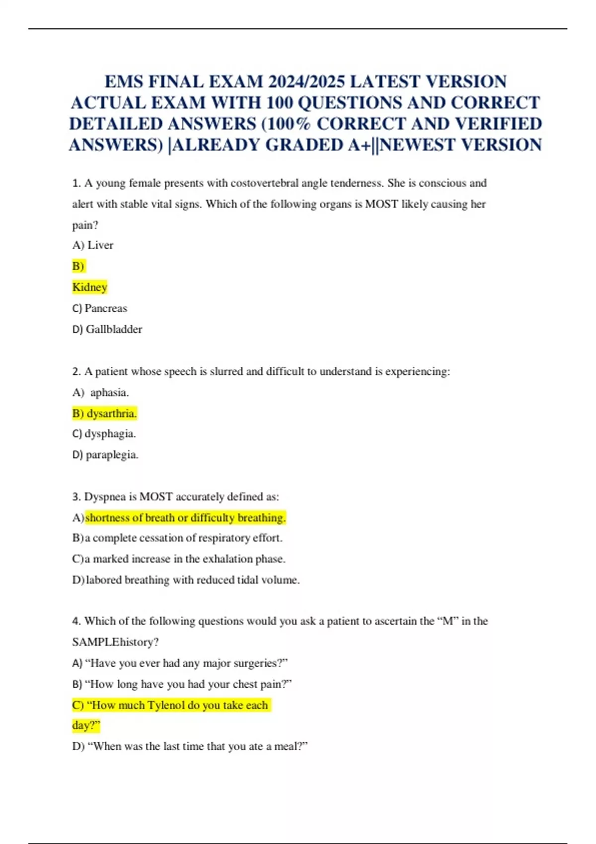 EMS FINAL EXAM 2024/2025 LATEST VERSION ACTUAL EXAM WITH 100 QUESTIONS ...