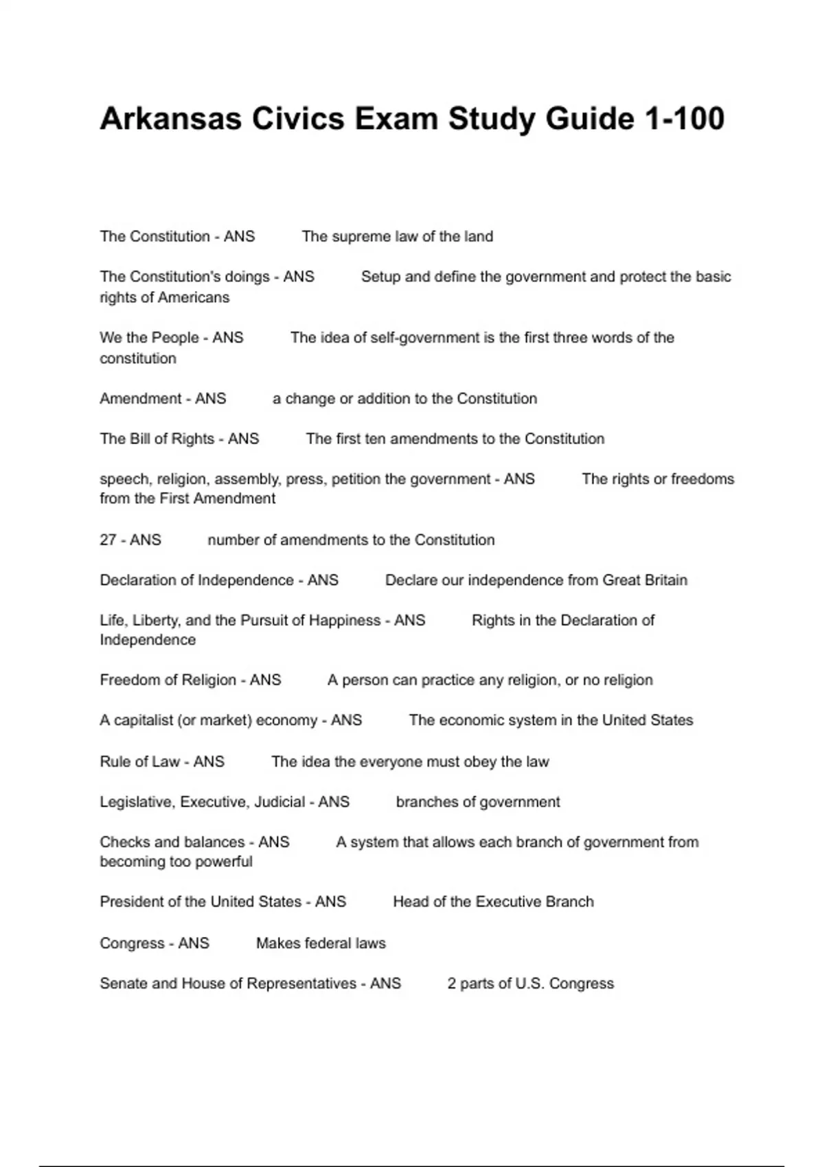 Arkansas Civics Exam Study Guide 1-100 Questions With Complete Answers ...