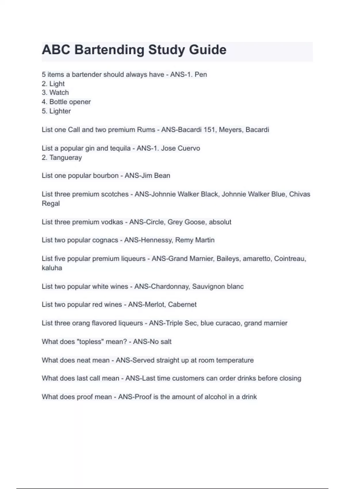 ABC Bartending Study Guide with 100% correct answers | verified ...