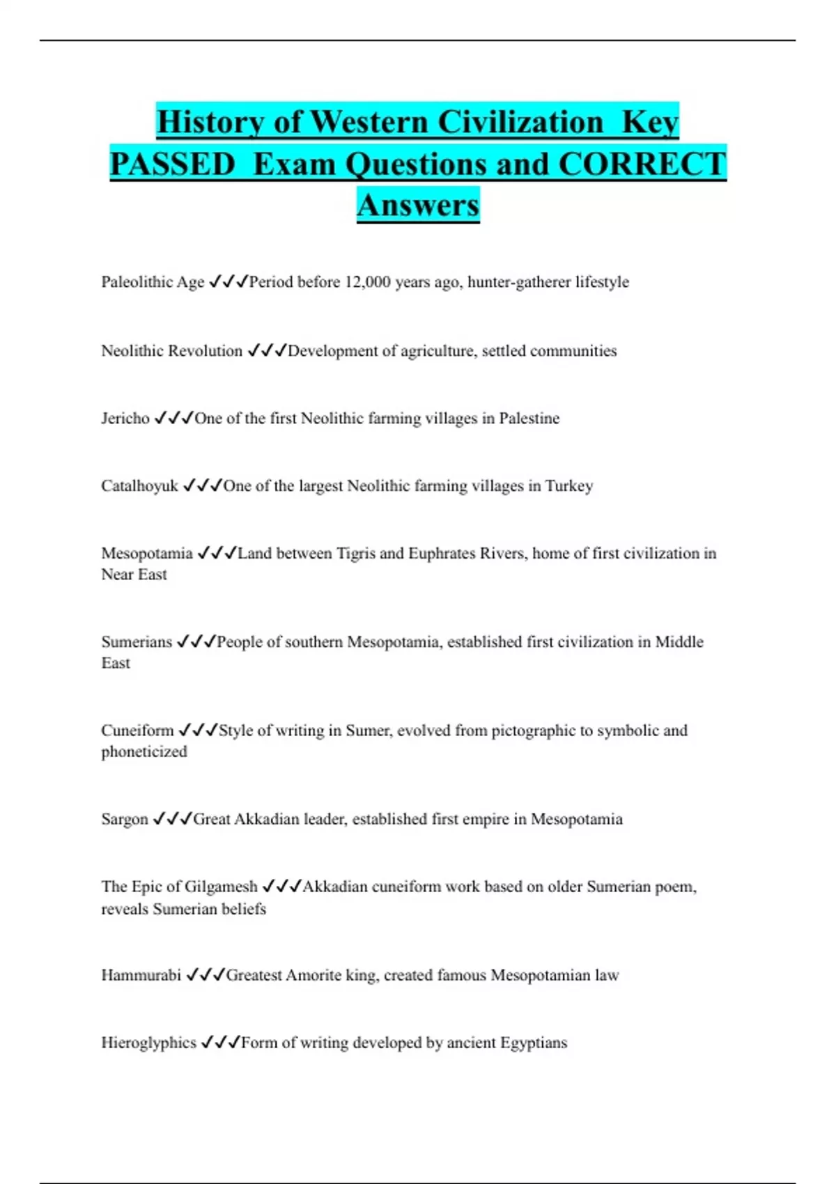 History of Western Civilization Key PASSED Exam Questions and CORRECT ...