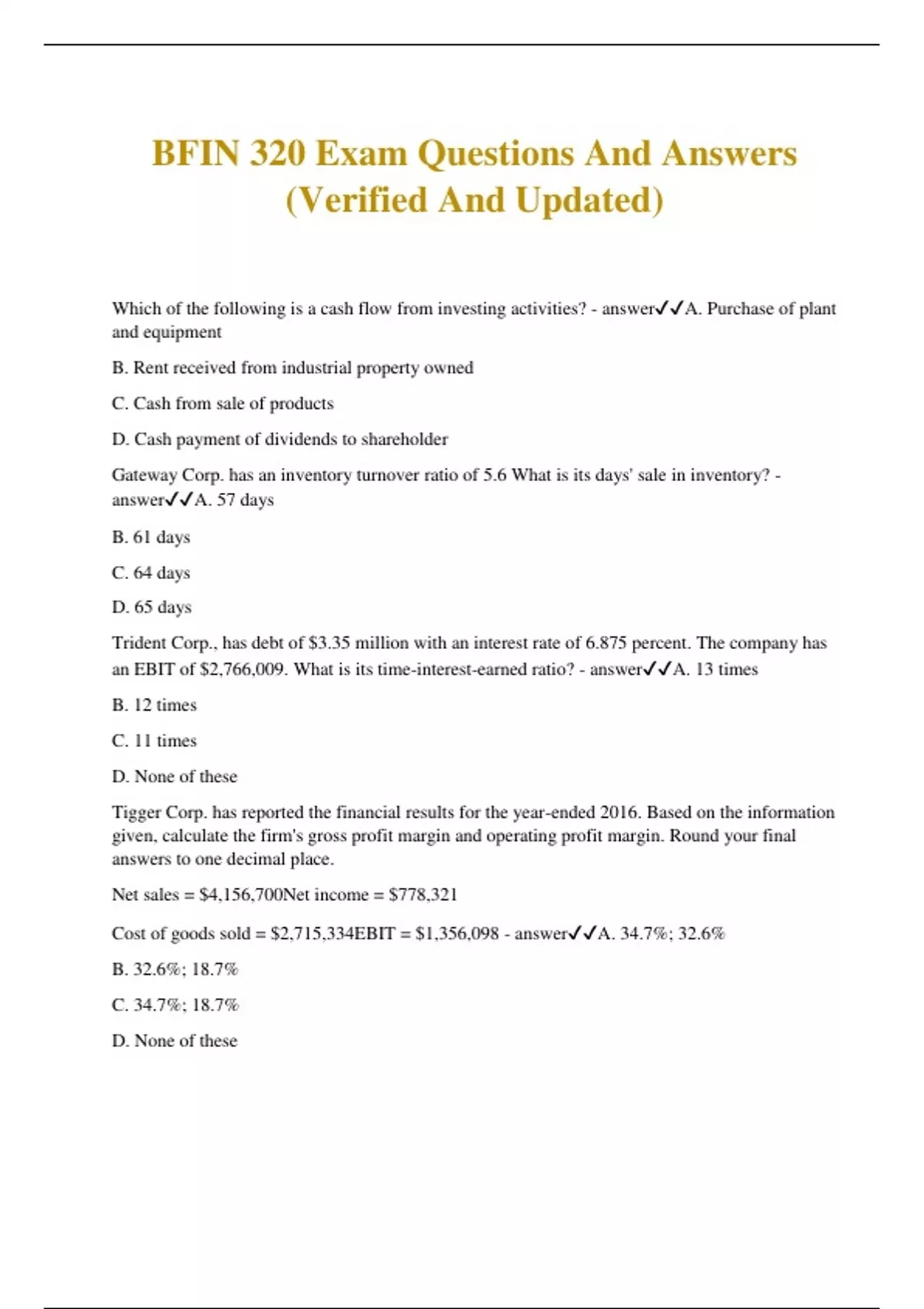 BFIN 320 Exams Questions and Answers 100% Pass Guaranteed 2025. - Stuvia US