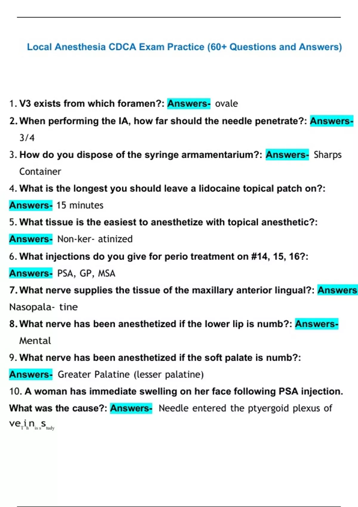 Local Anesthesia CDCA Exam Practice (60+ Questions and Answers) - Cdca ...