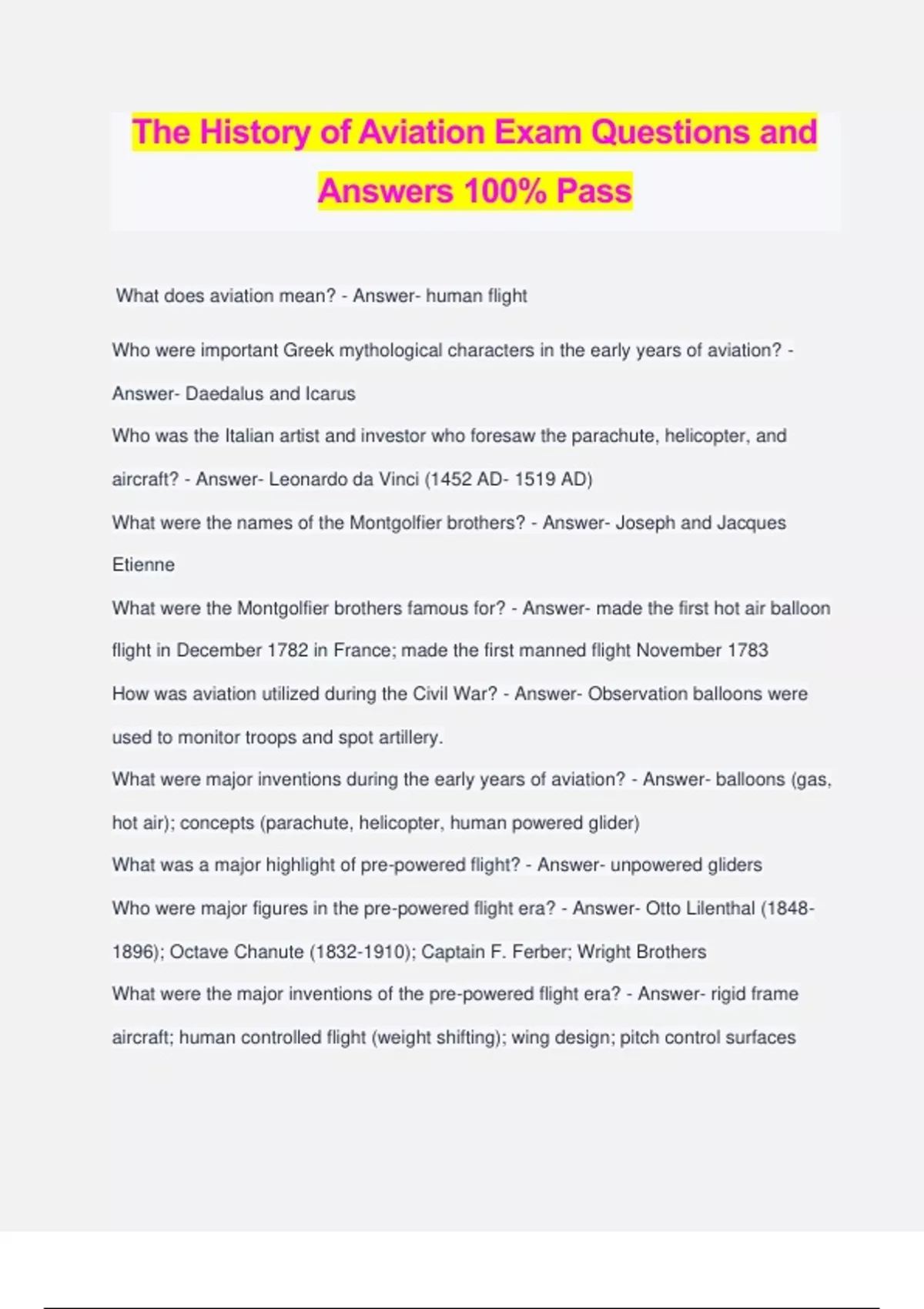 The History of Aviation Exam Questions and Answers 100% Pass - Aviation ...