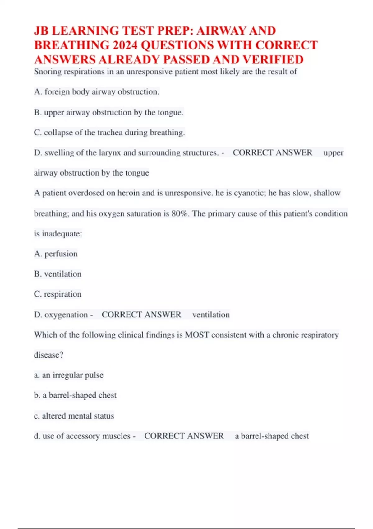 JB LEARNING TEST PREP: AIRWAY AND BREATHING 2024 QUESTIONS WITH CORRECT ANSWERS ALREADY PASSED ...
