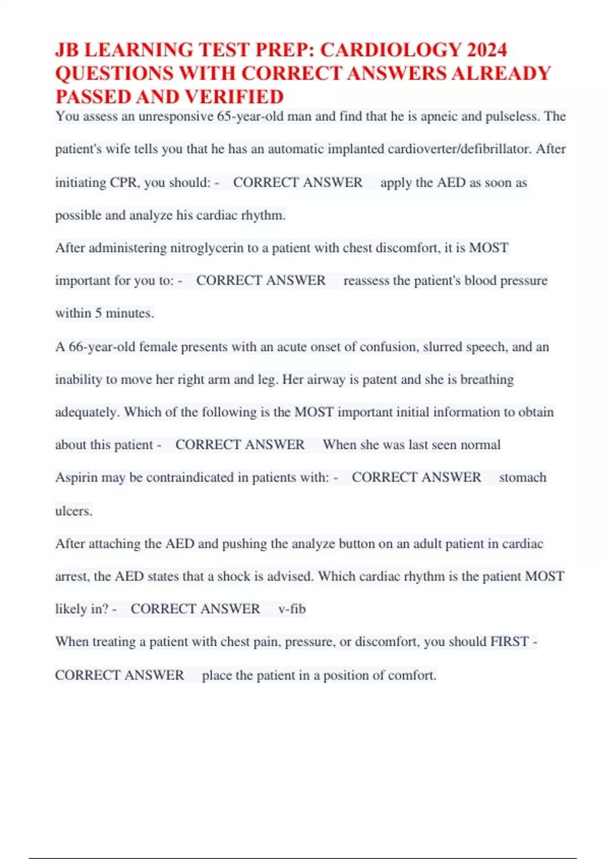 JB LEARNING TEST PREP CARDIOLOGY 2024 QUESTIONS WITH CORRECT ANSWERS