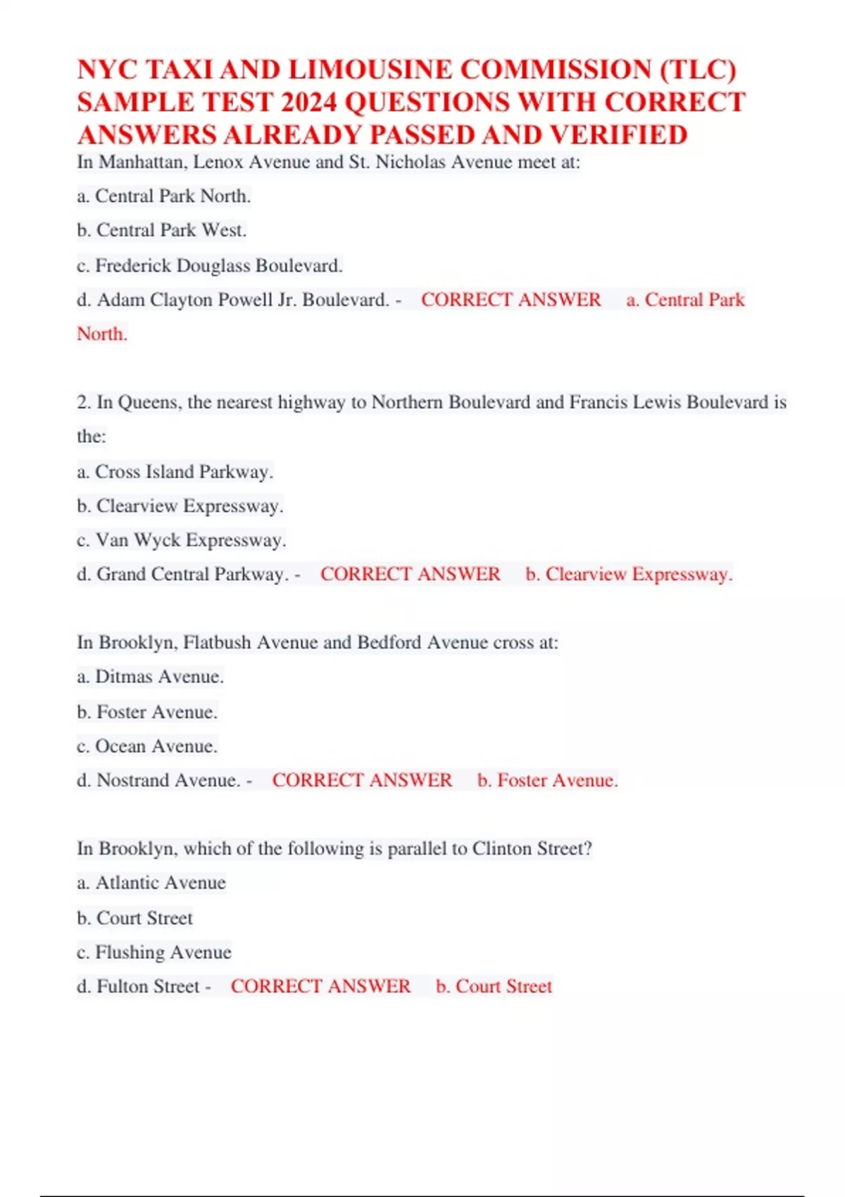 NYC TAXI AND LIMOUSINE COMMISSION (TLC) SAMPLE TEST 2024 QUESTIONS WITH