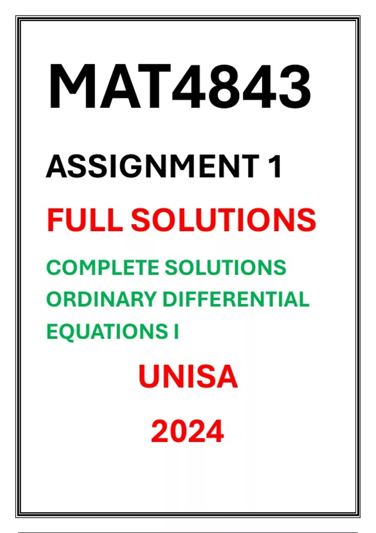 MAT4843 ASSIGNMENT 1 FULL SOLUTIONS COMPLETE SOLUTIONS ORDINARY ...