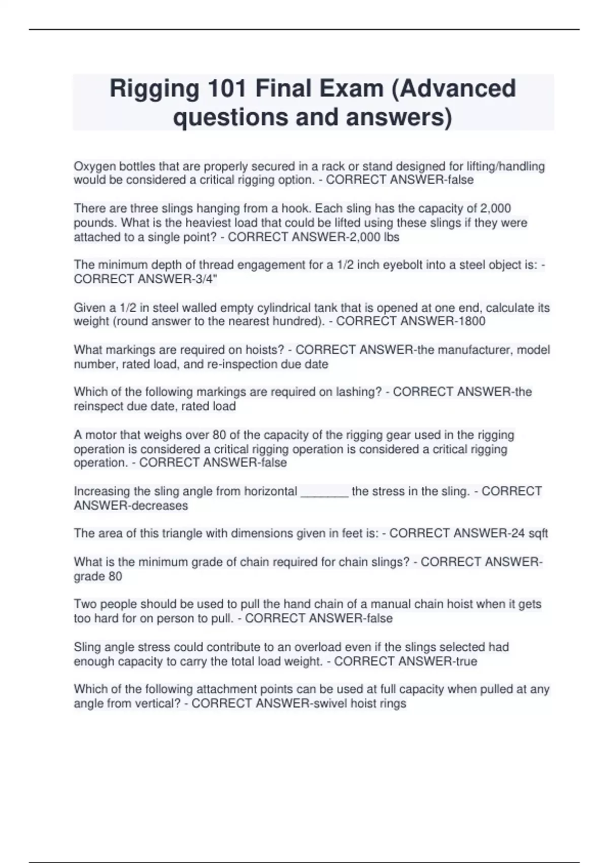 Rigging 101 Final Exam (Advanced questions and answers) Rigging