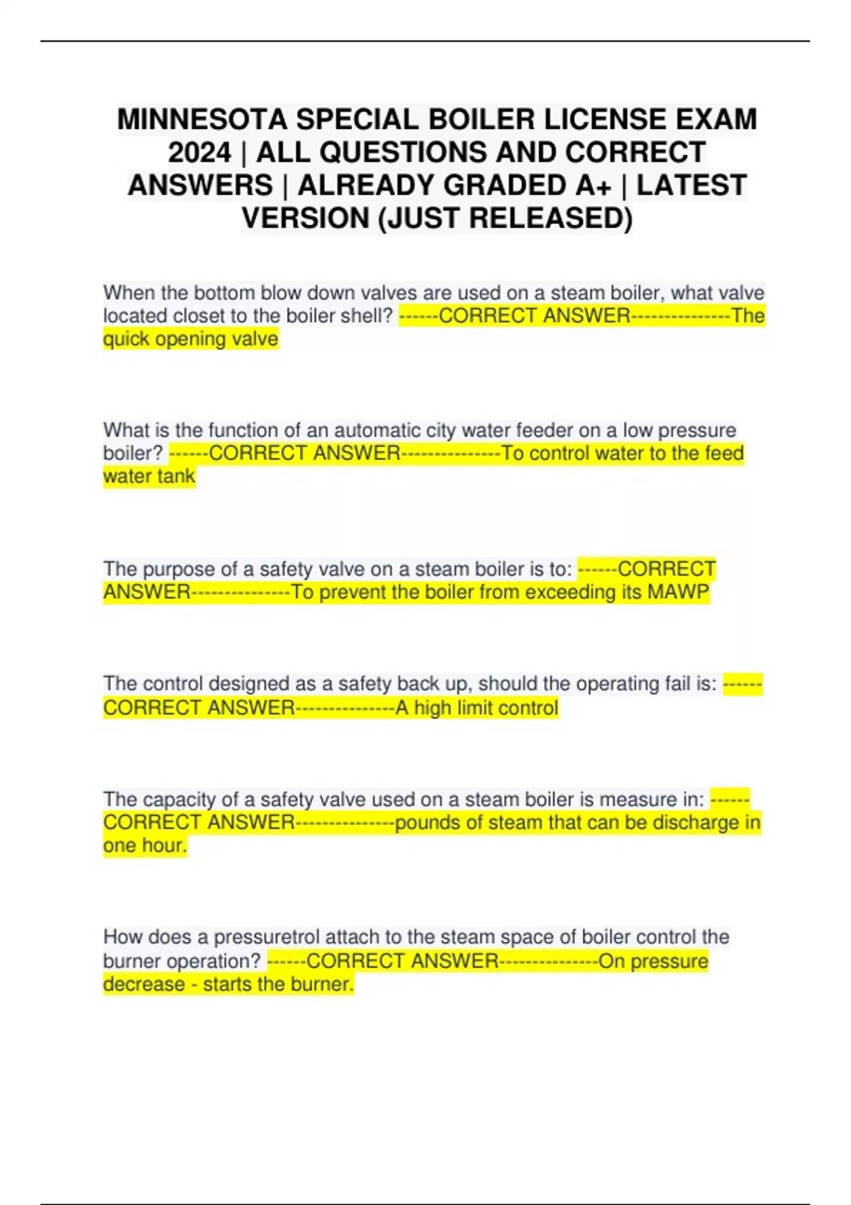 MINNESOTA SPECIAL BOILER LICENSE EXAM 2024 ALL QUESTIONS AND CORRECT