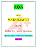AQA GCSE MATHEMATICS 8300/2H Higher Tier Paper 2 Calculator Question Paper + Mark schem