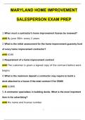 MARYLAND HOME IMPROVEMENT SALESPERSON EXAM PREP 20242025 Questions with 100% Correct Answers | Verified | Latest Update