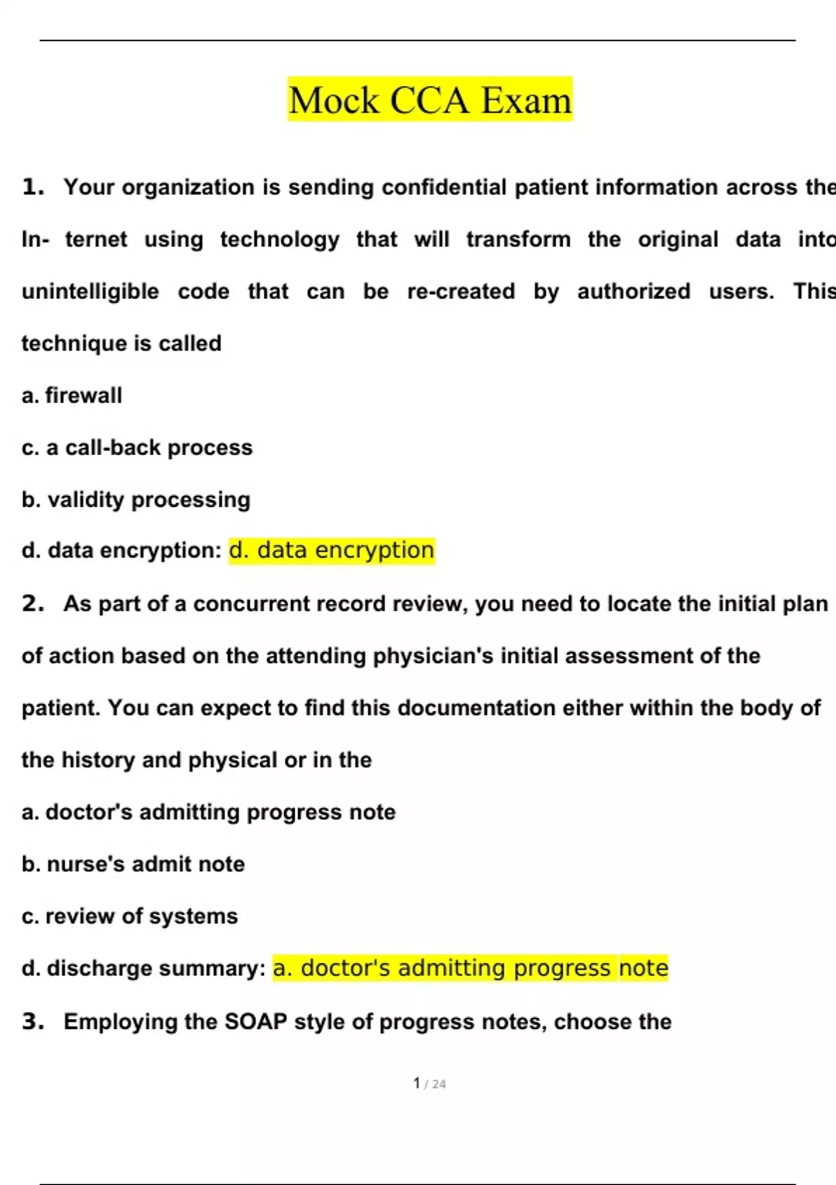 CCA Mock Exam 2024 Questions with 100% Correct Answers | Verified ...