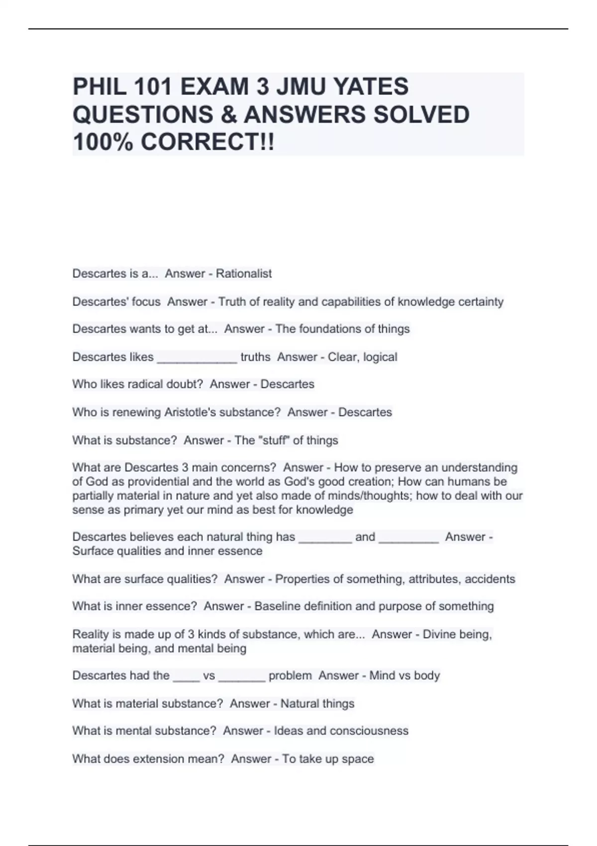 PHIL 101 EXAM 3 JMU YATES QUESTIONS & ANSWERS SOLVED 100% CORRECT ...