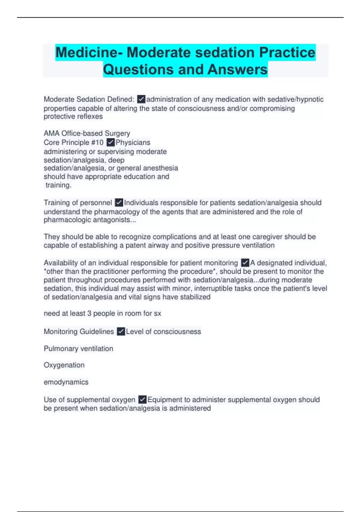 Medicine- Moderate sedation Practice Questions and Answers - Moderate ...
