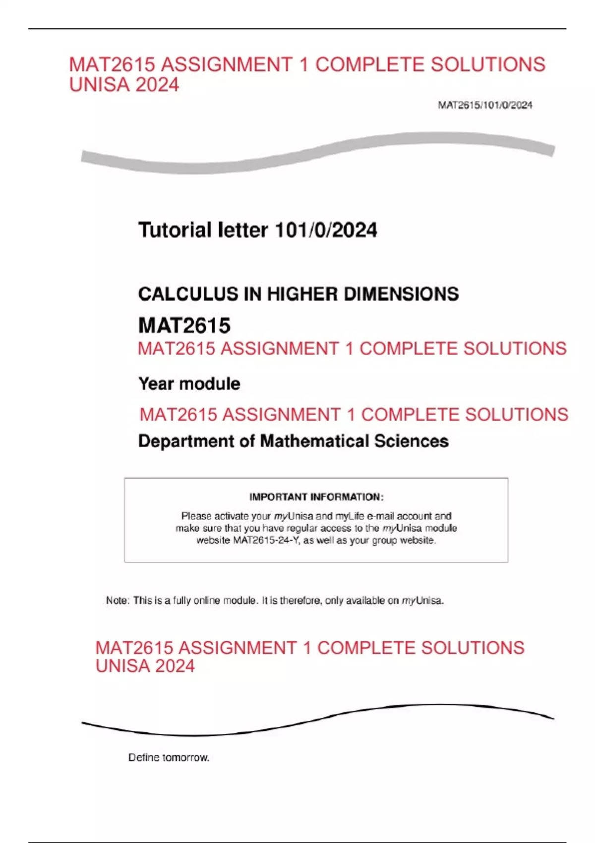 MAT2615 Assignment 1 Complete Solutions UNISA 2024 CALCULUS IN HIGHER ...