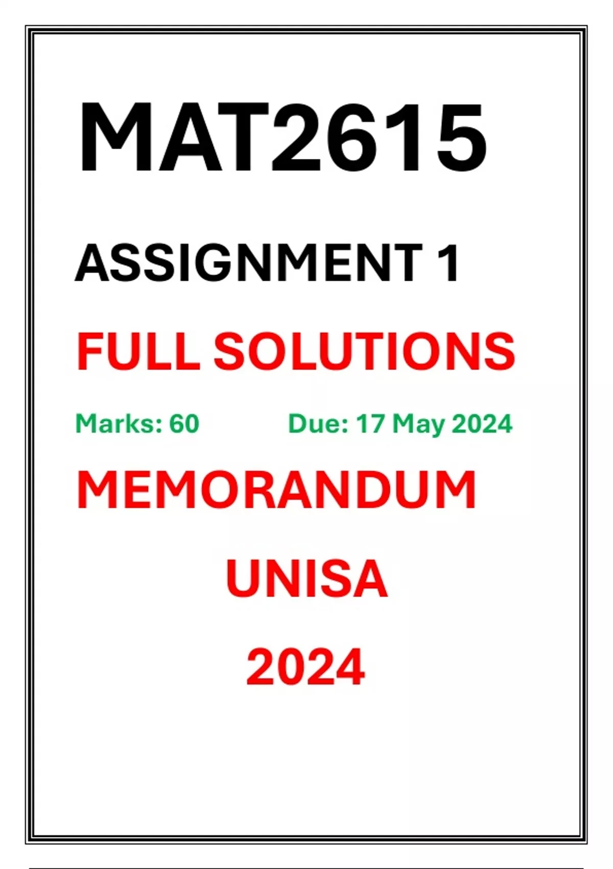 MAT2615 Assignment 1 Complete Solutions UNISA 2024 CALCULUS IN HIGHER ...