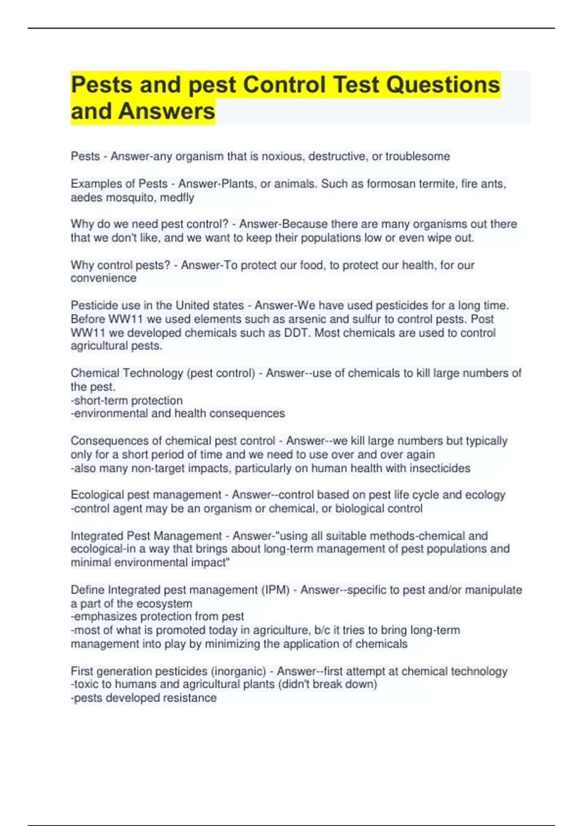 Pests and pest Control Test Questions and Answers Pests and pest