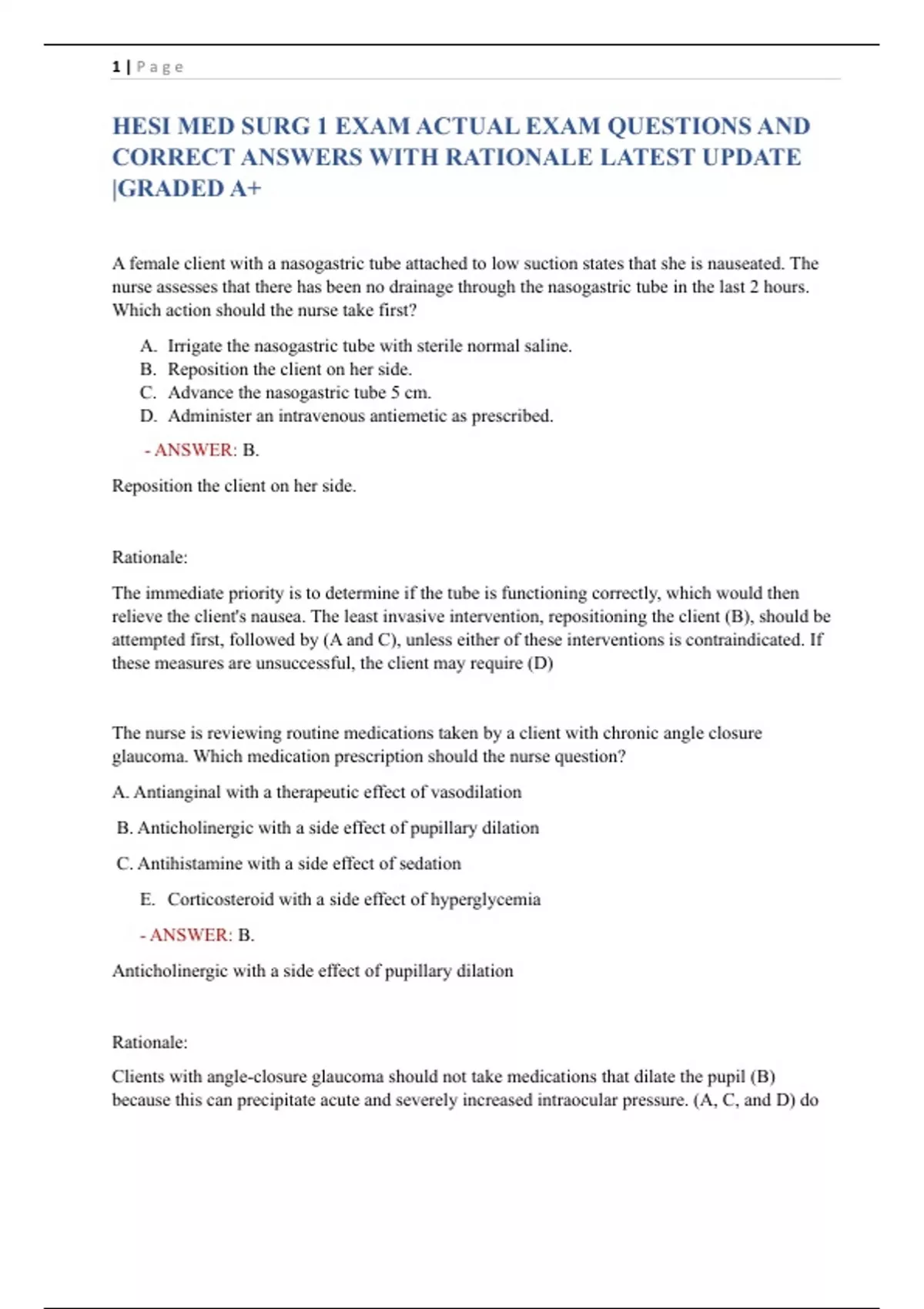 HESI MED SURG 1 EXAM ACTUAL EXAM QUESTIONS AND CORRECT ANSWERS WITH ...