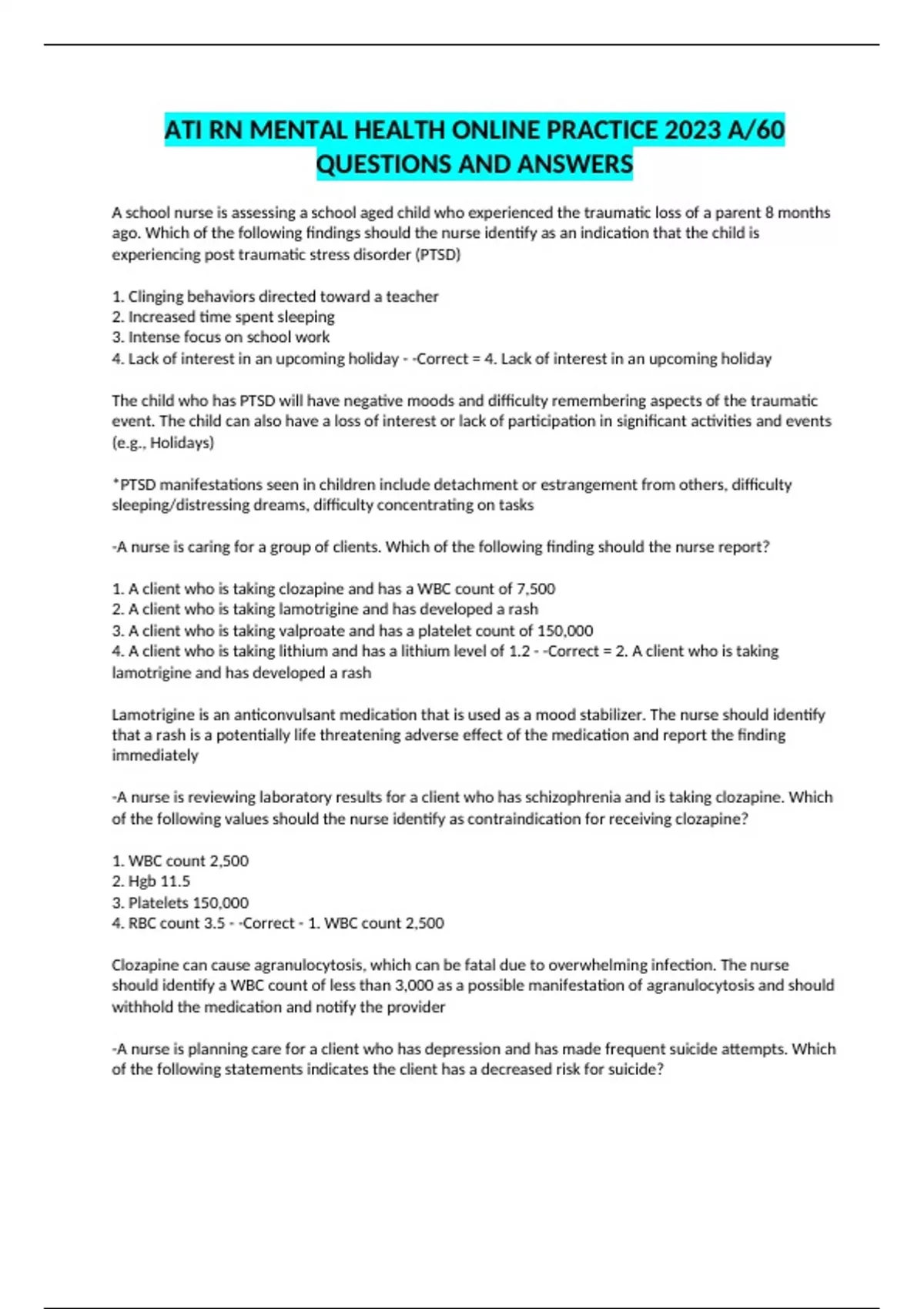 ATI RN MENTAL HEALTH ONLINE PRACTICE 2023 A/60 QUESTIONS AND ANSWERS - ATI RN MENTAL HEALTH ...