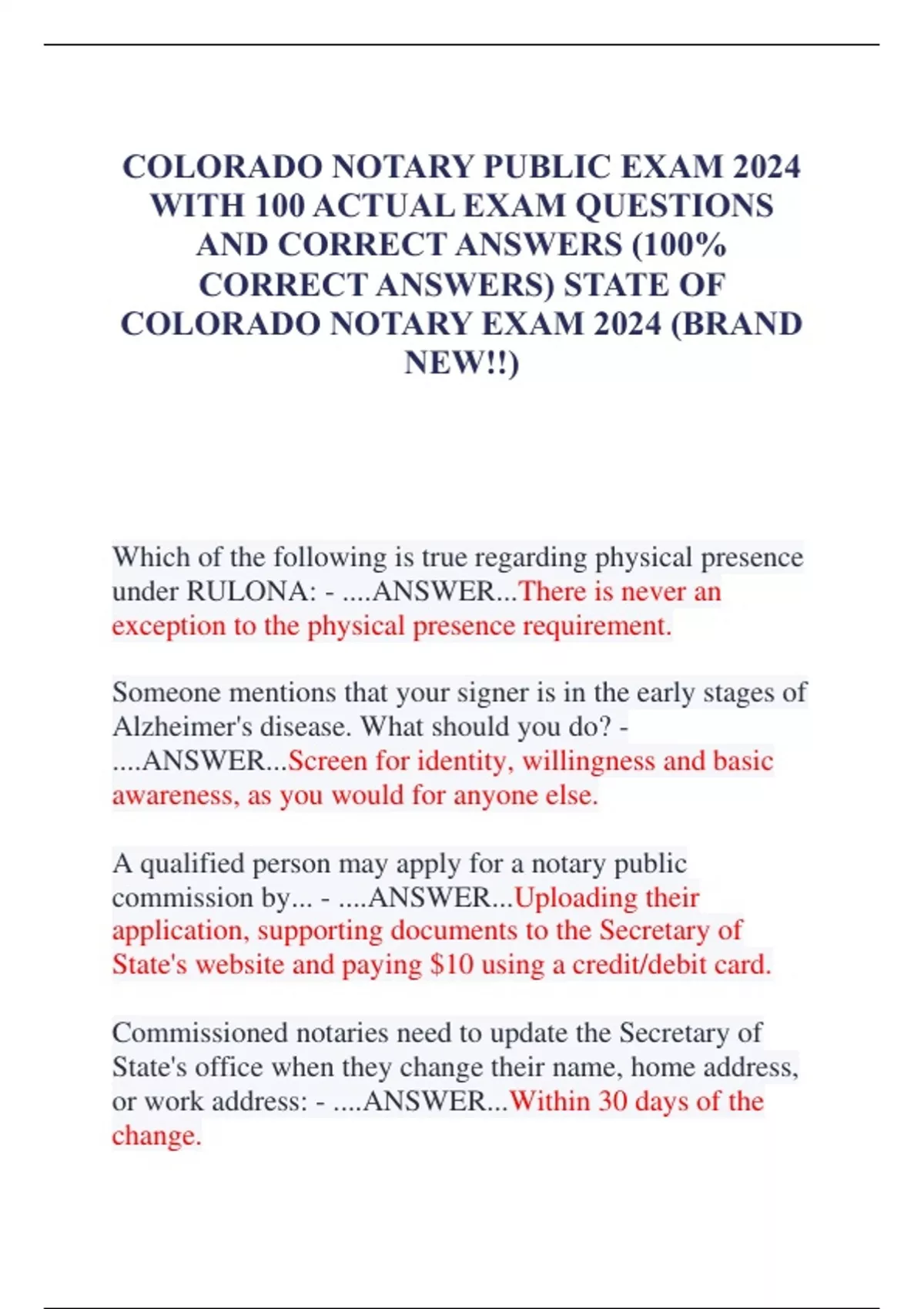 COLORADO NOTARY PUBLIC EXAM 2024 WITH 100 ACTUAL EXAM QUESTIONS AND
