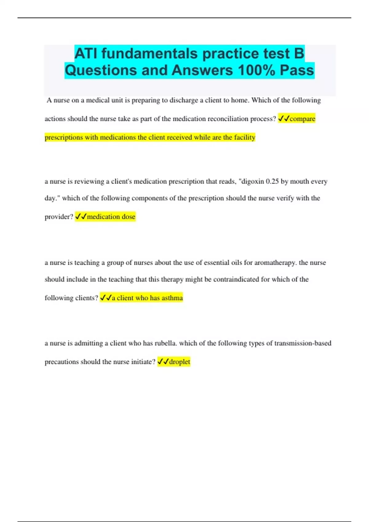 ATI fundamentals practice test B Questions and Answers 100% Pass - ATI ...