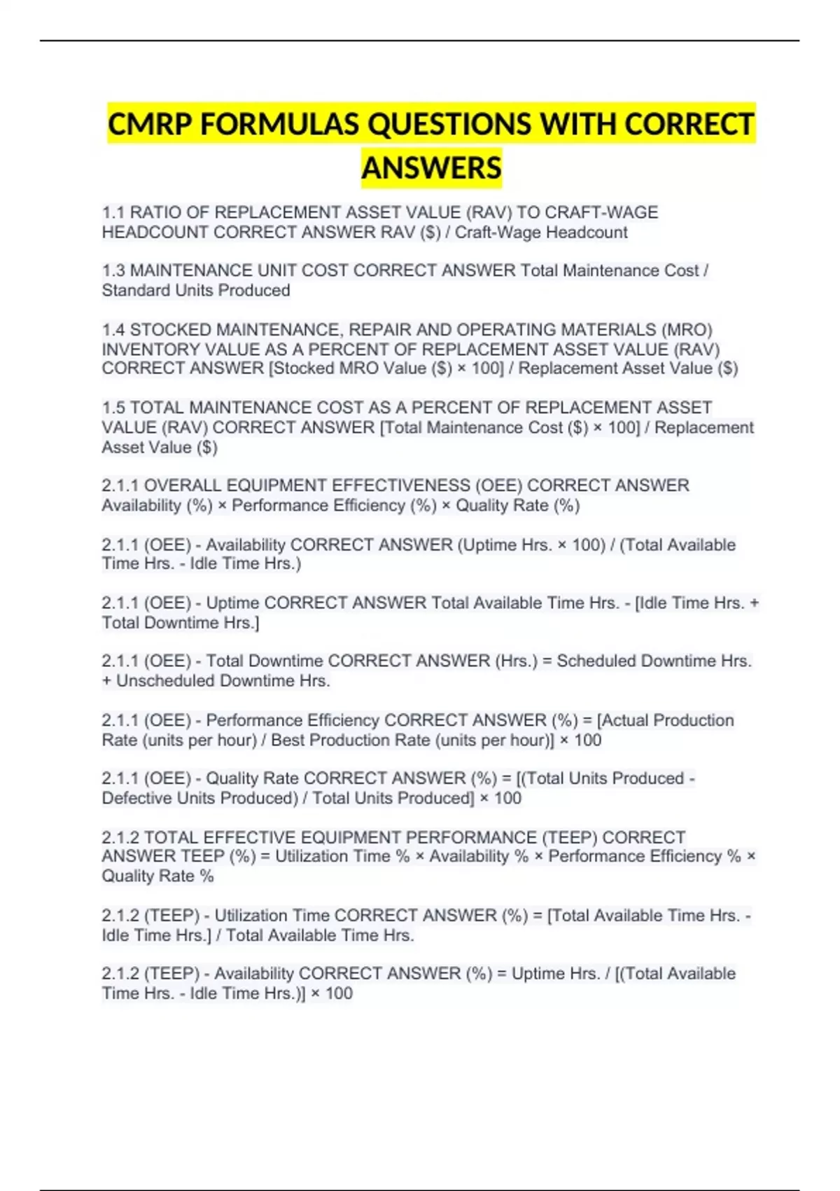 CMRP FORMULAS QUESTIONS WITH CORRECT ANSWERS|100% verified|7 pages ...