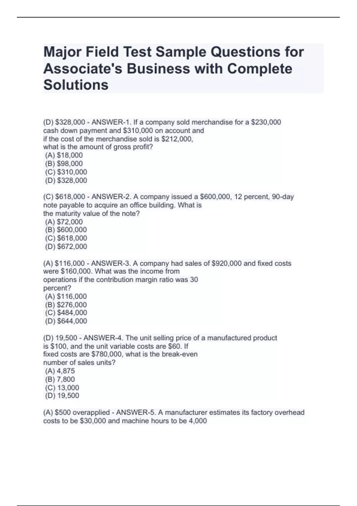 Sample Testt Question Major Field Test Sample Questions for Associate's Business with ...