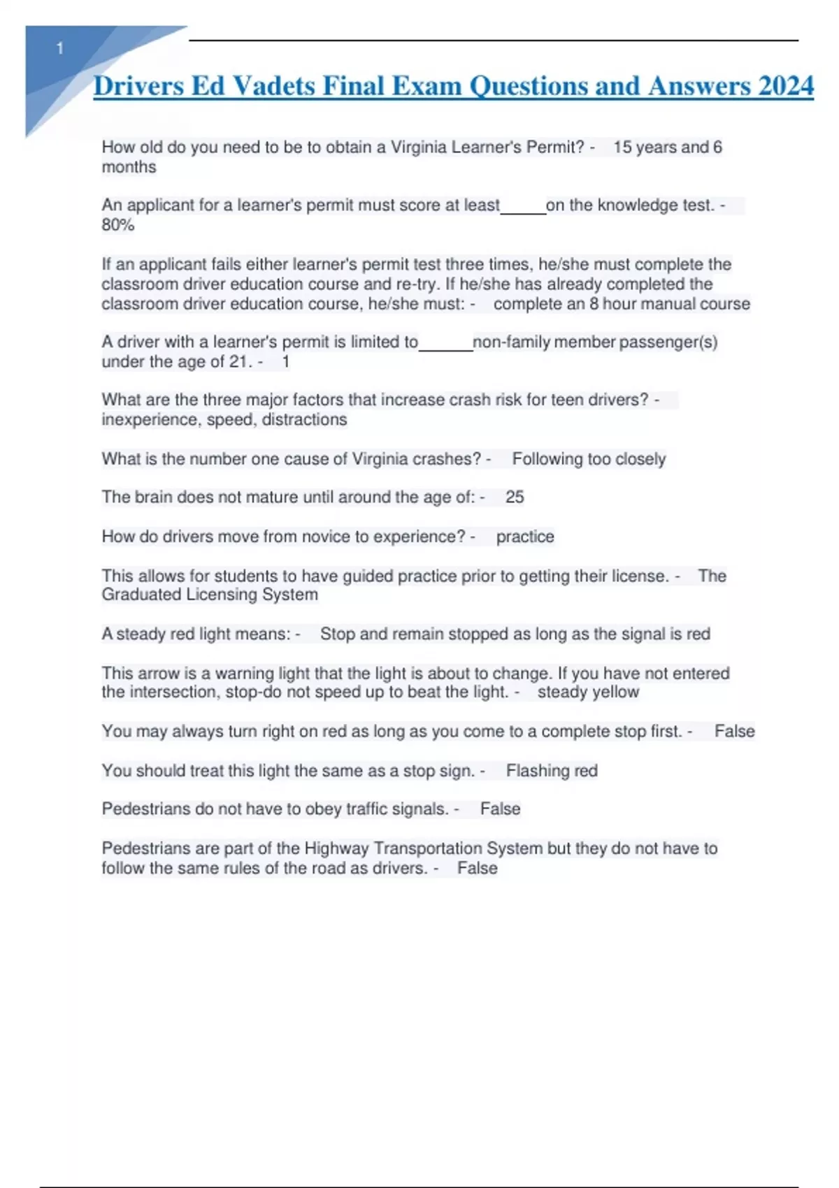 Drivers Ed Vadets Final Exam Questions and Answers 2024 Drivers Ed