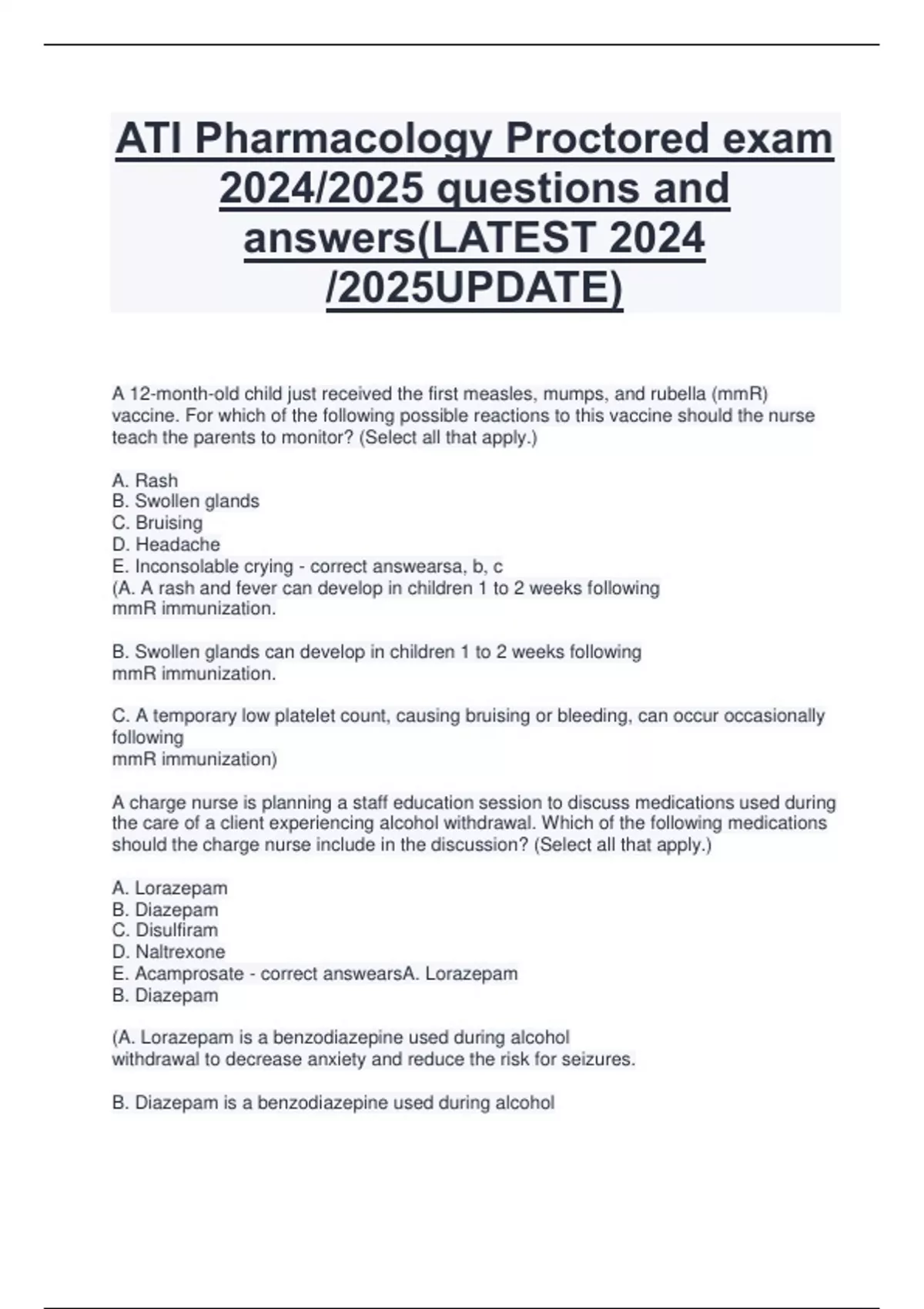 ATI Pharmacology Proctored exam 2024/2025 questions and answers(LATEST ...