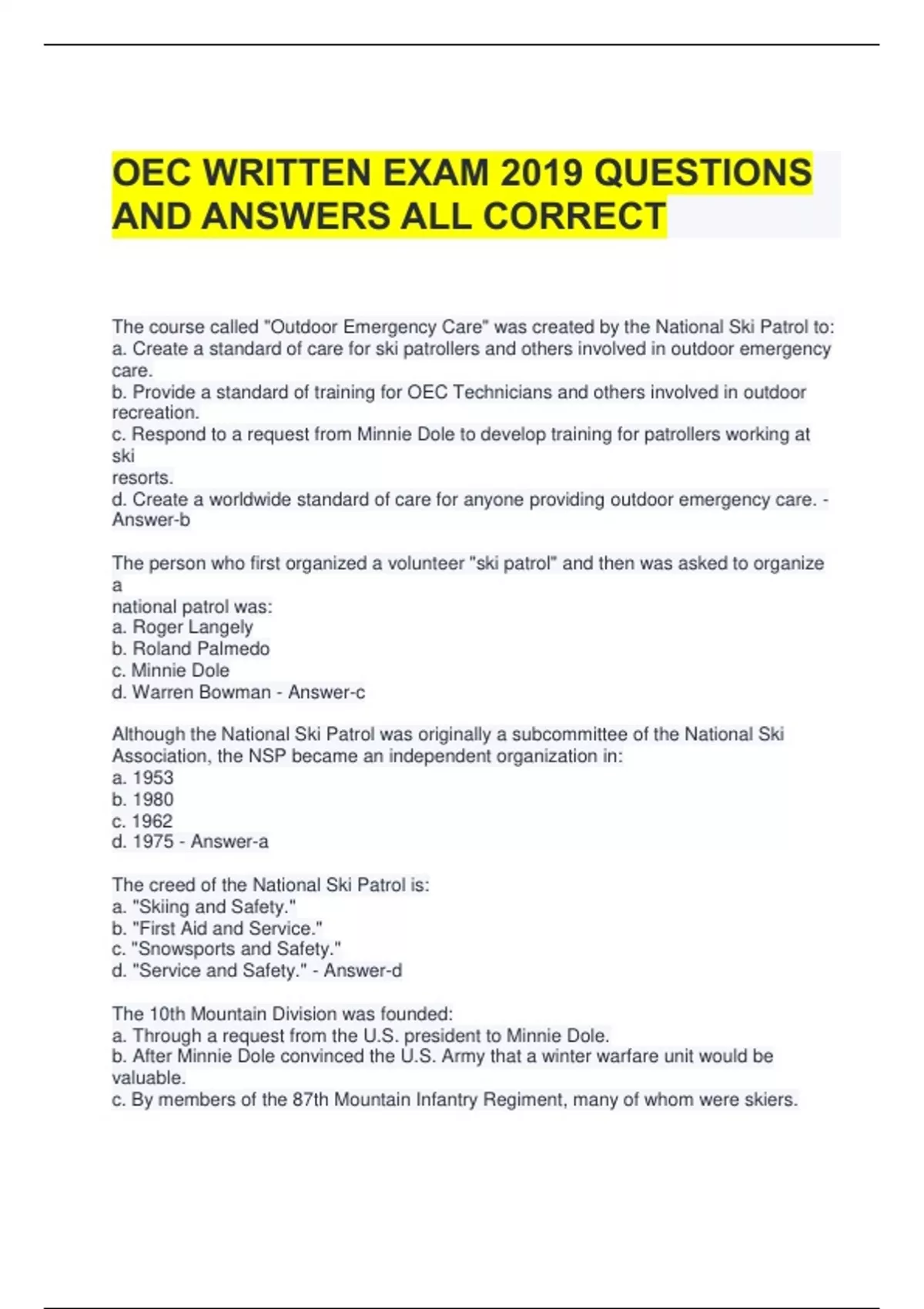 OEC WRITTEN EXAM 2019 QUESTIONS AND ANSWERS ALL CORRECT - OEC - Stuvia US