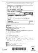 Pearson Edexcel GCE Biology A Advanced Salters Nuffield Paper 01 9BN01&colon;The Natural Environment and Species Survival question paper for June 2023