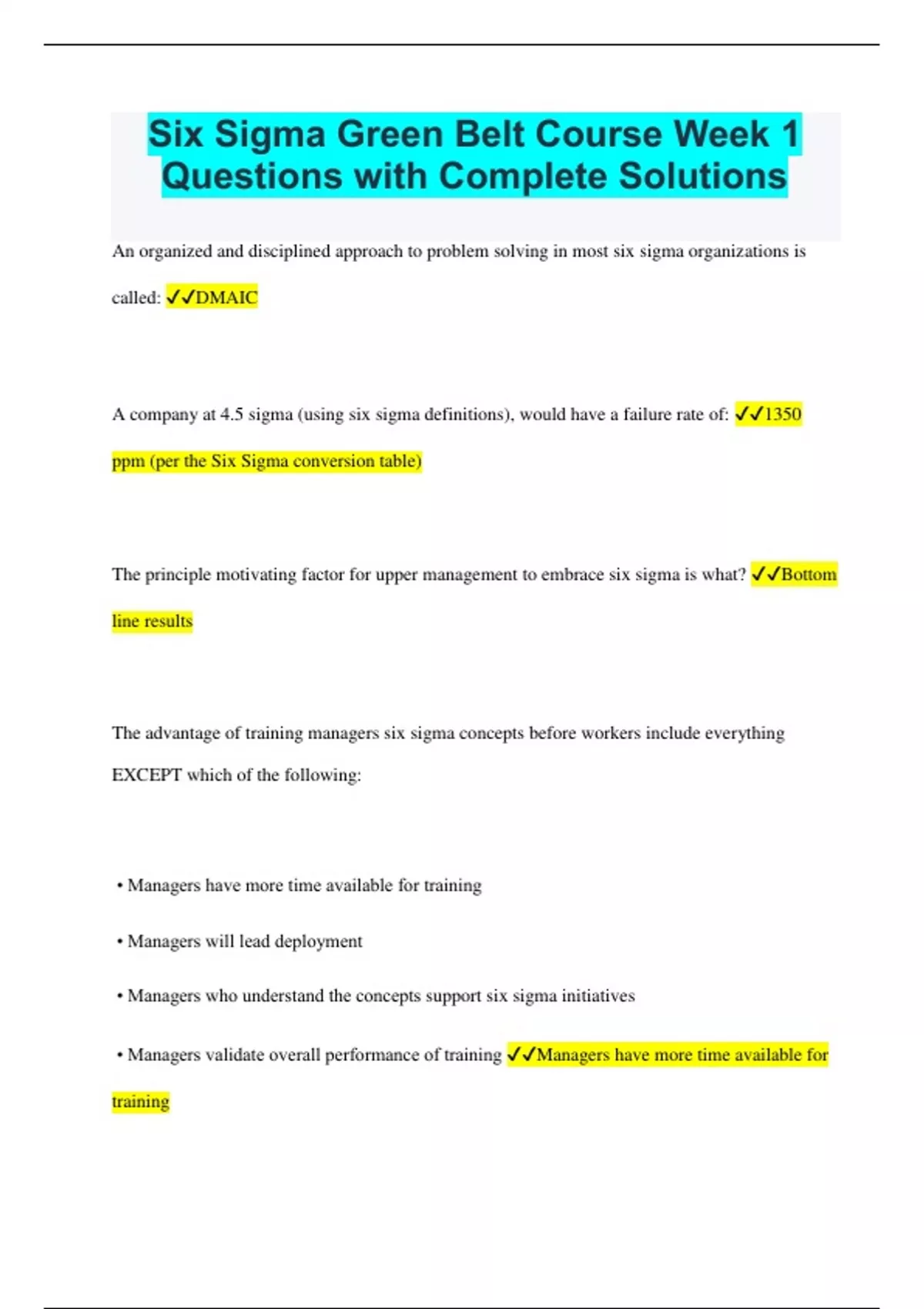 Six Sigma Green Belt Course Week 1 Questions with Complete Solutions ...