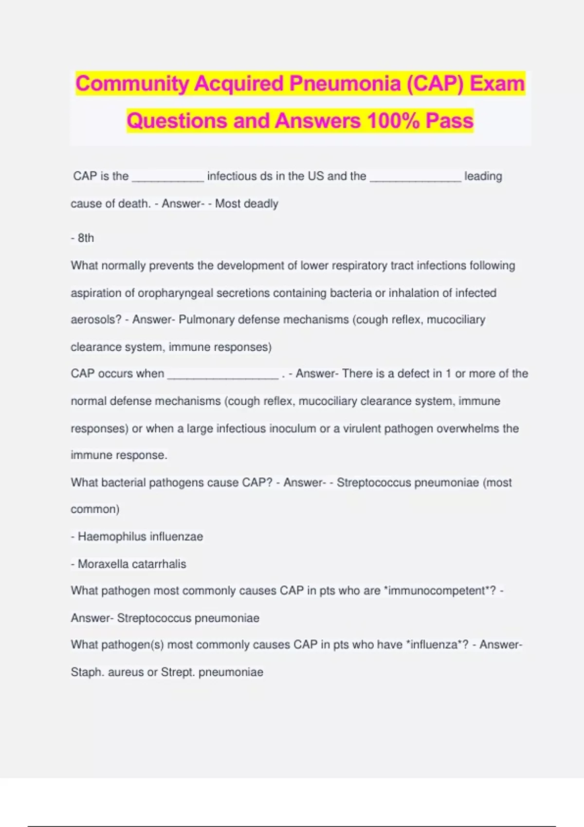 Community Acquired Pneumonia (CAP) Exam Questions and Answers 100% Pass ...