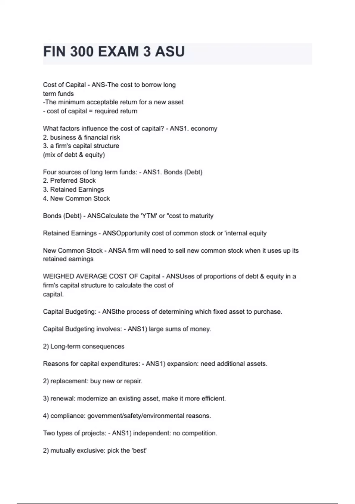 FIN 300 EXAM 3 ASU questions and answers graded A+ by experts 2024/2025 ...